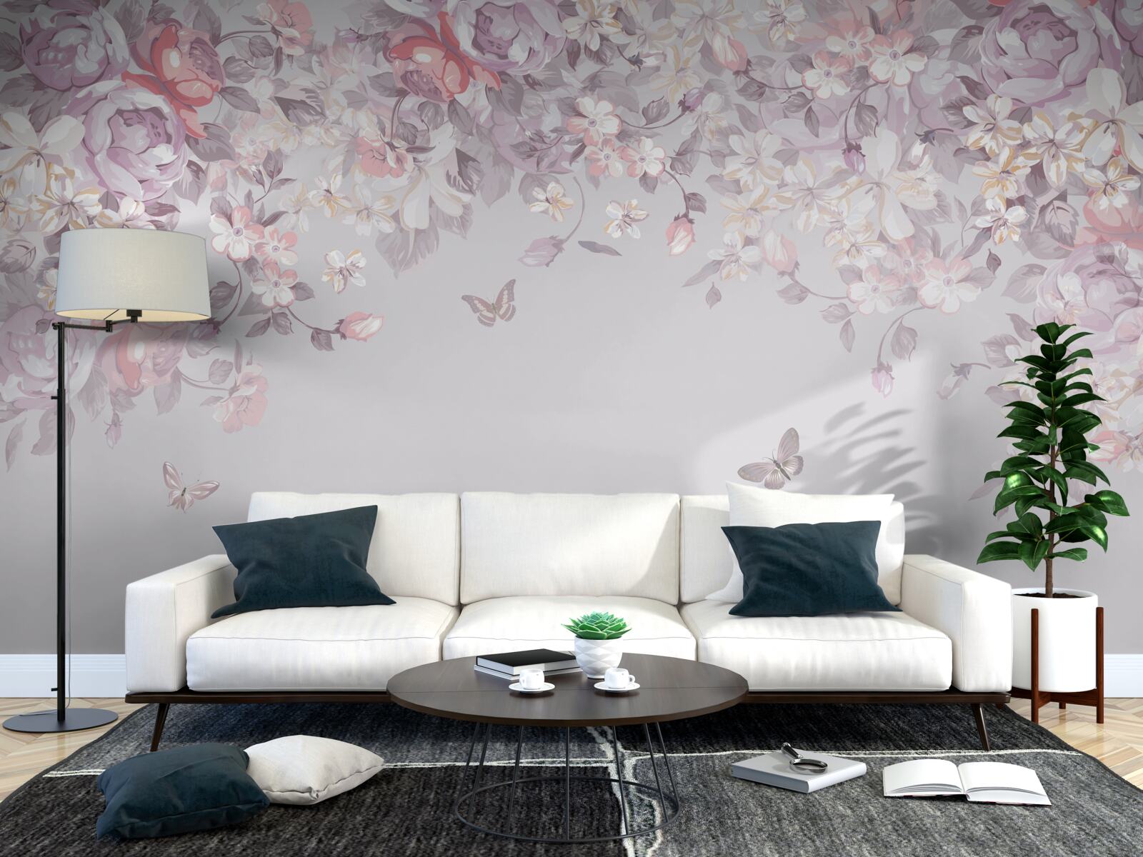 Fotobehang een tuin waar bloemen en vlinders bloeien