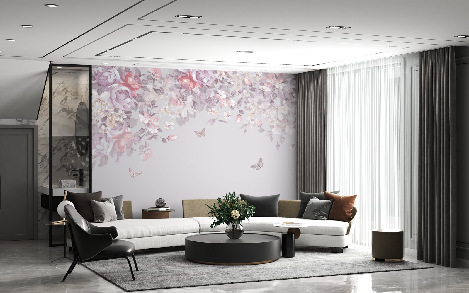 Fotobehang een tuin waar bloemen en vlinders bloeien