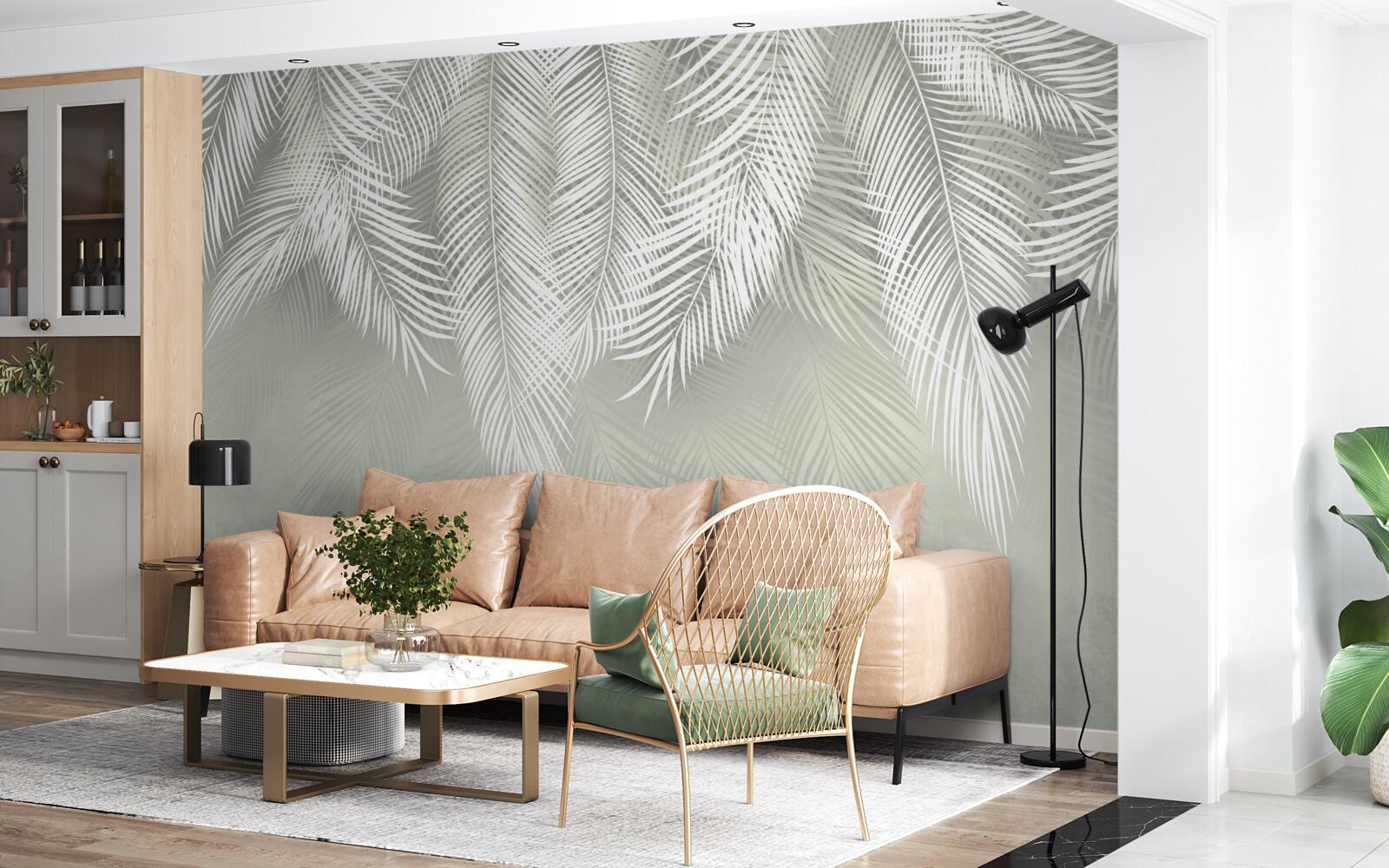 Fotobehang sneeuwwitte palmbladeren, delicaat en zacht