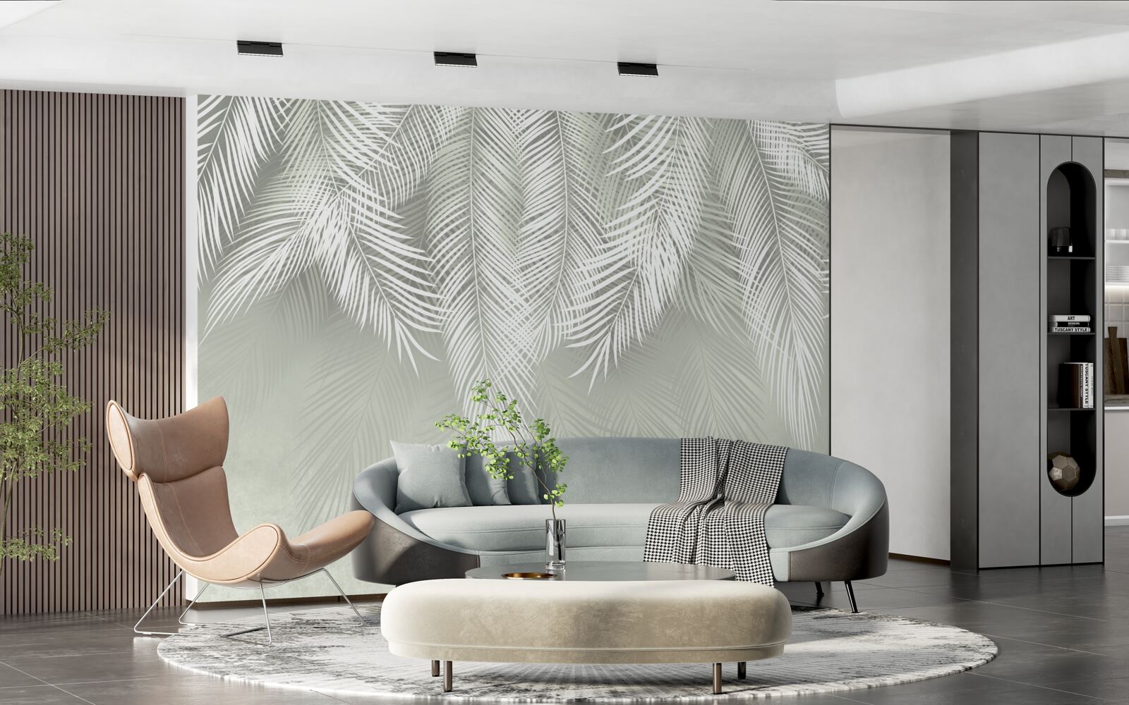 Fotobehang sneeuwwitte palmbladeren, delicaat en zacht