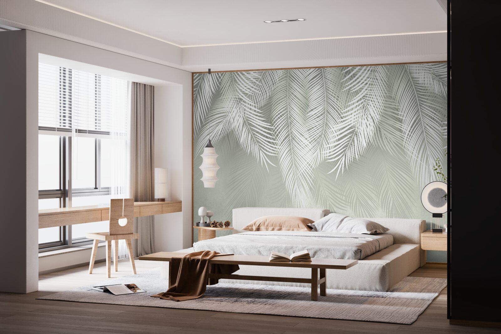 Fotobehang sneeuwwitte palmbladeren, delicaat en zacht