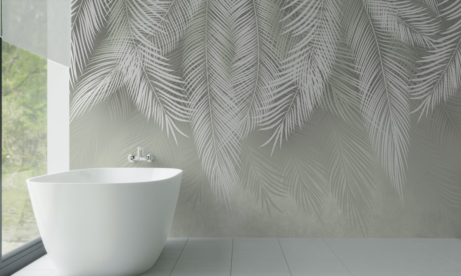 Fotobehang sneeuwwitte palmbladeren, delicaat en zacht