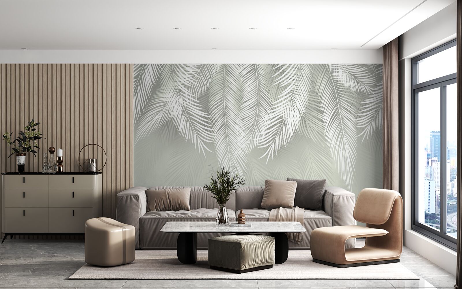 Fotobehang sneeuwwitte palmbladeren, delicaat en zacht