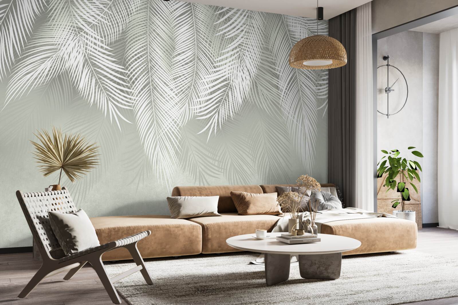 Fotobehang sneeuwwitte palmbladeren, delicaat en zacht