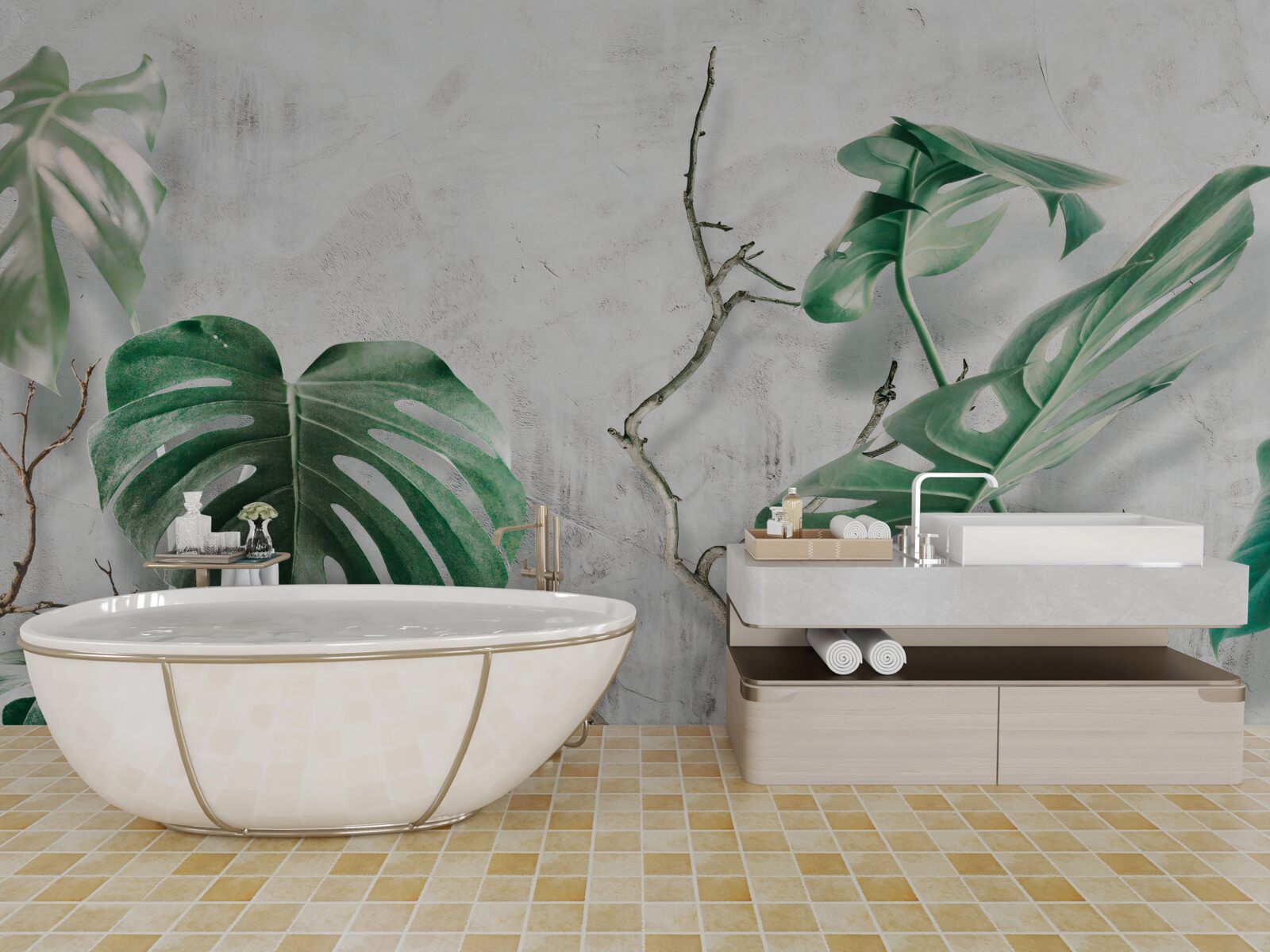 Fotobehang tropische monsters met groene takken