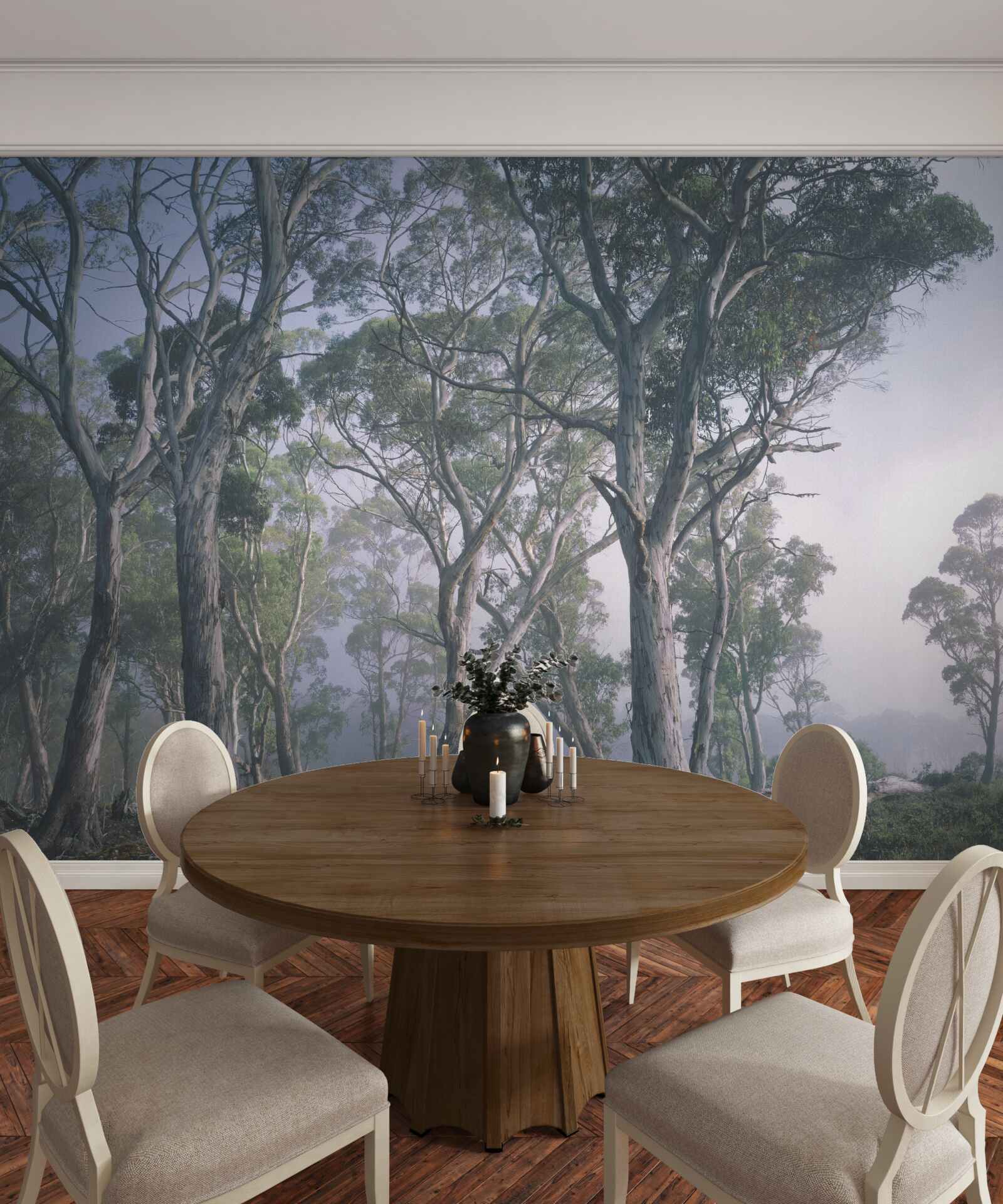 Fotobehang ochtend ontwaakt in een mistig bos