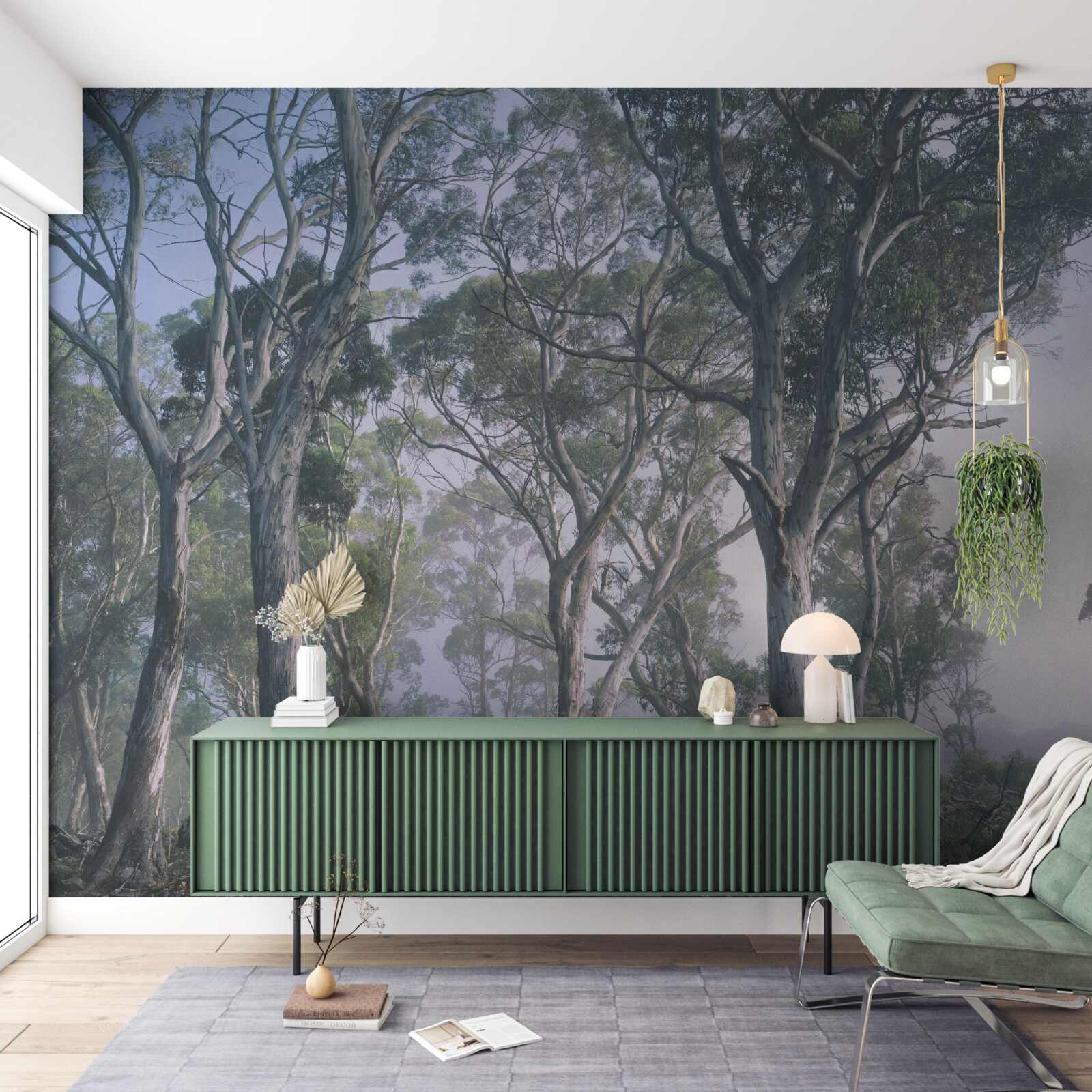 Fotobehang ochtend ontwaakt in een mistig bos