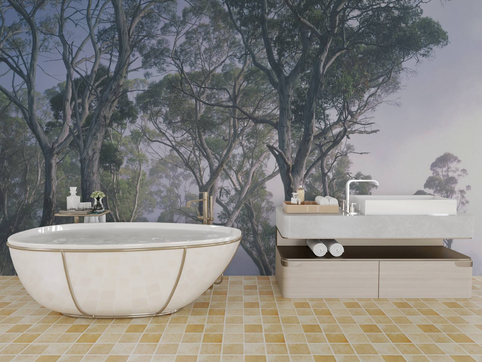 Fotobehang ochtend ontwaakt in een mistig bos