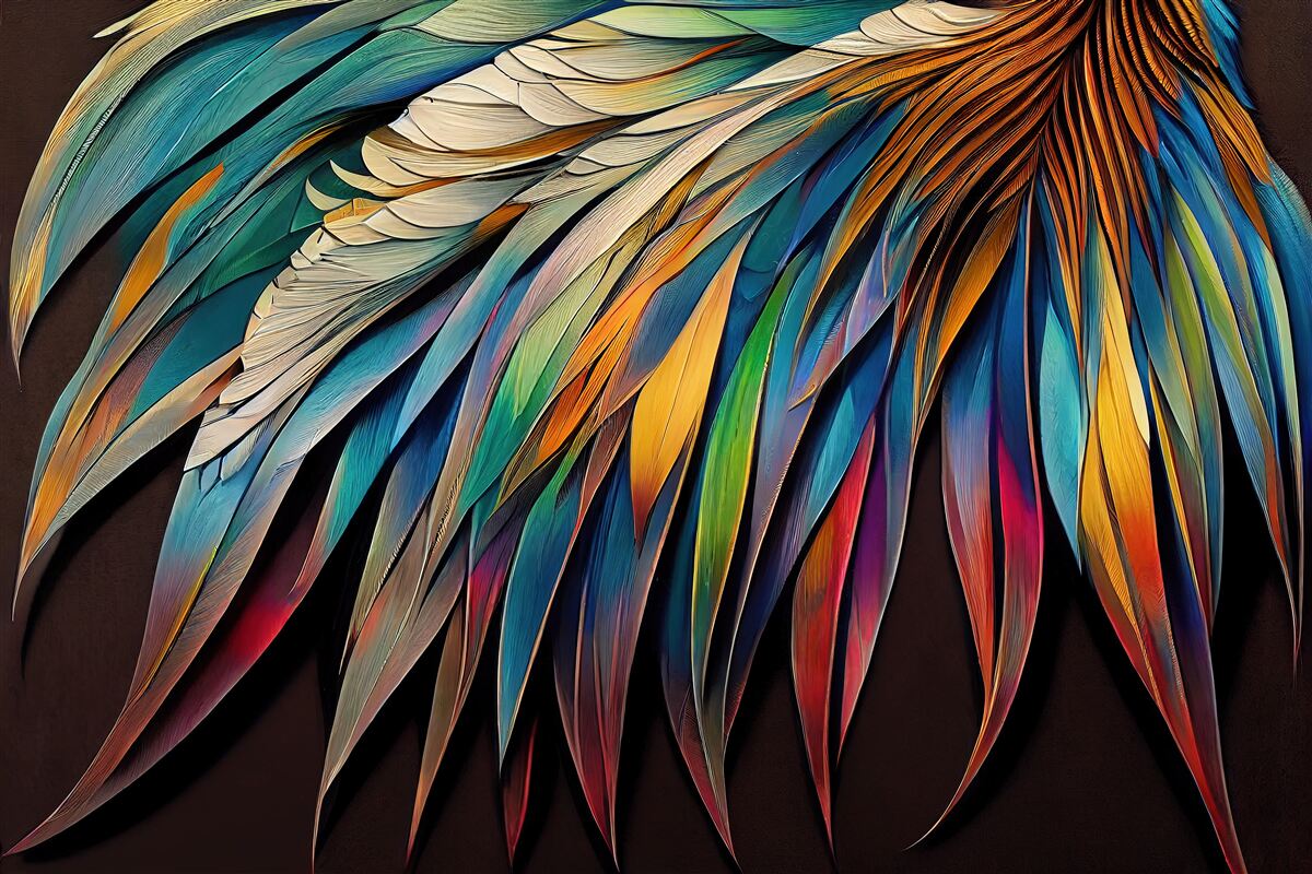 Fotobehang nachtpalmbladeren geschilderd in regenboogkleuren