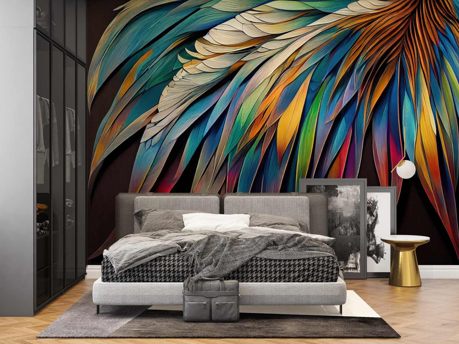 Fotobehang nachtpalmbladeren geschilderd in regenboogkleuren