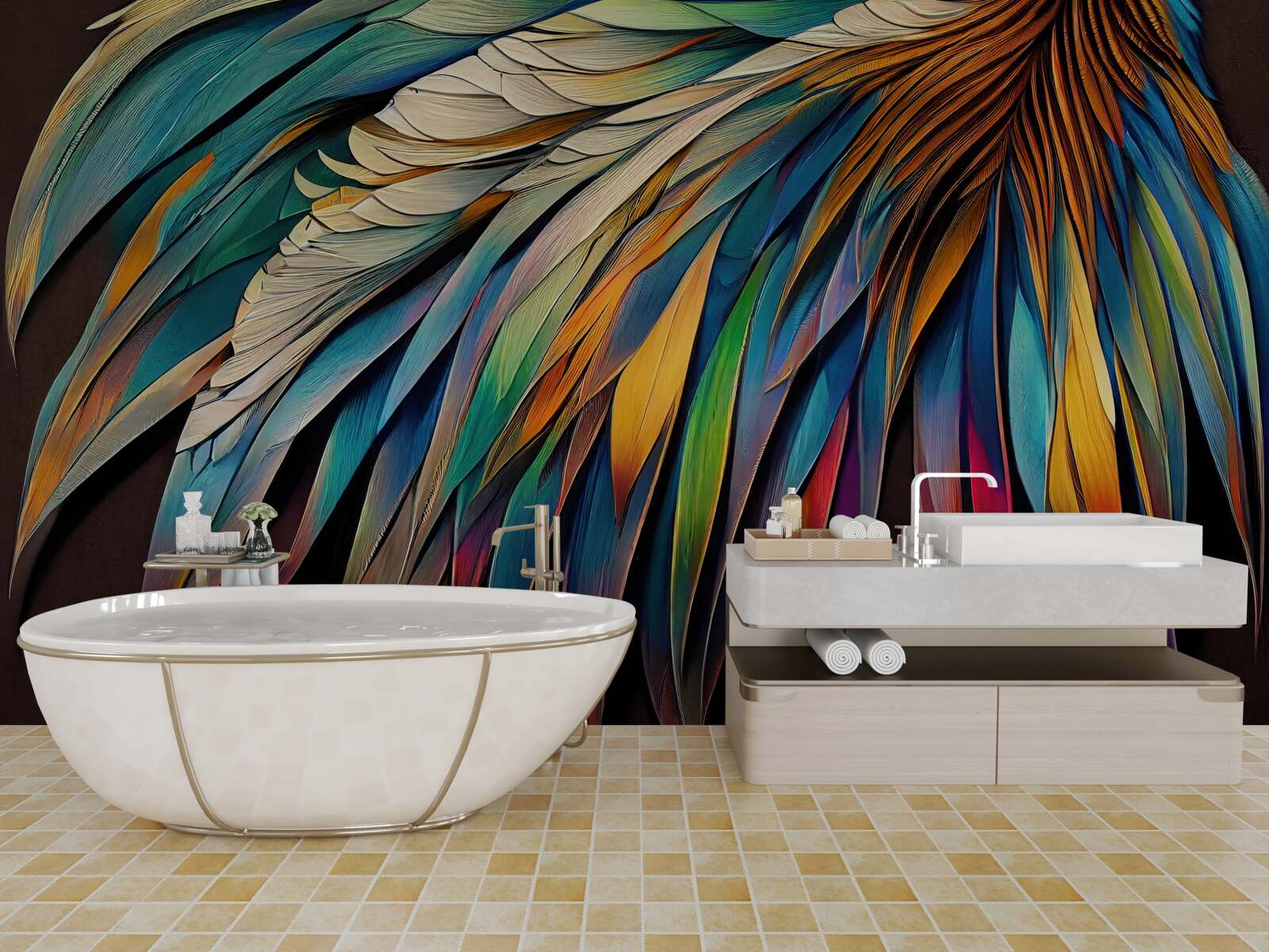 Fotobehang nachtpalmbladeren geschilderd in regenboogkleuren