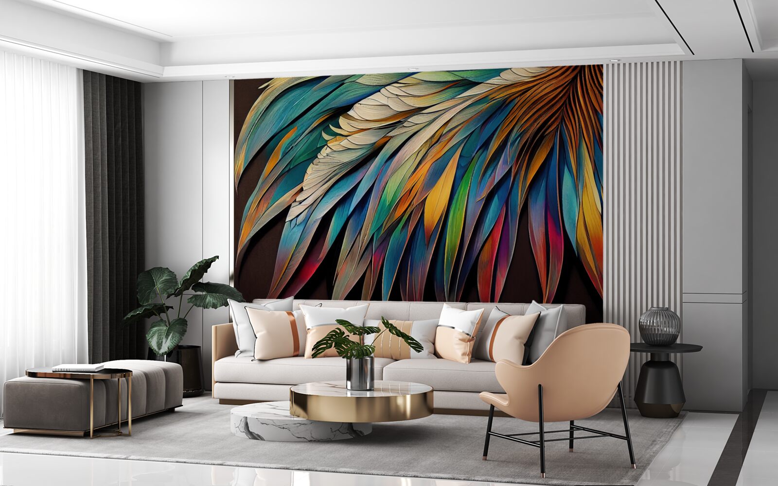 Fotobehang nachtpalmbladeren geschilderd in regenboogkleuren