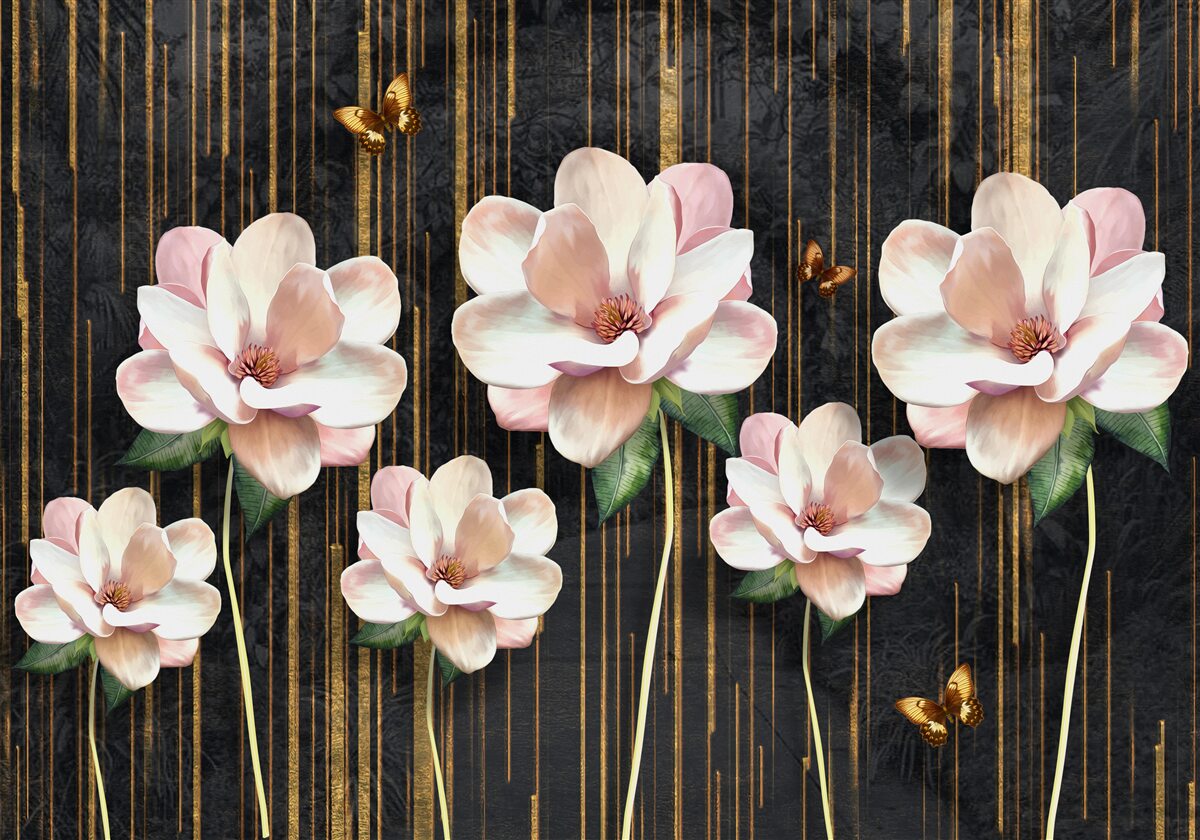 Fotobehang vlinders en bloemen op een zwartgouden achtergrond