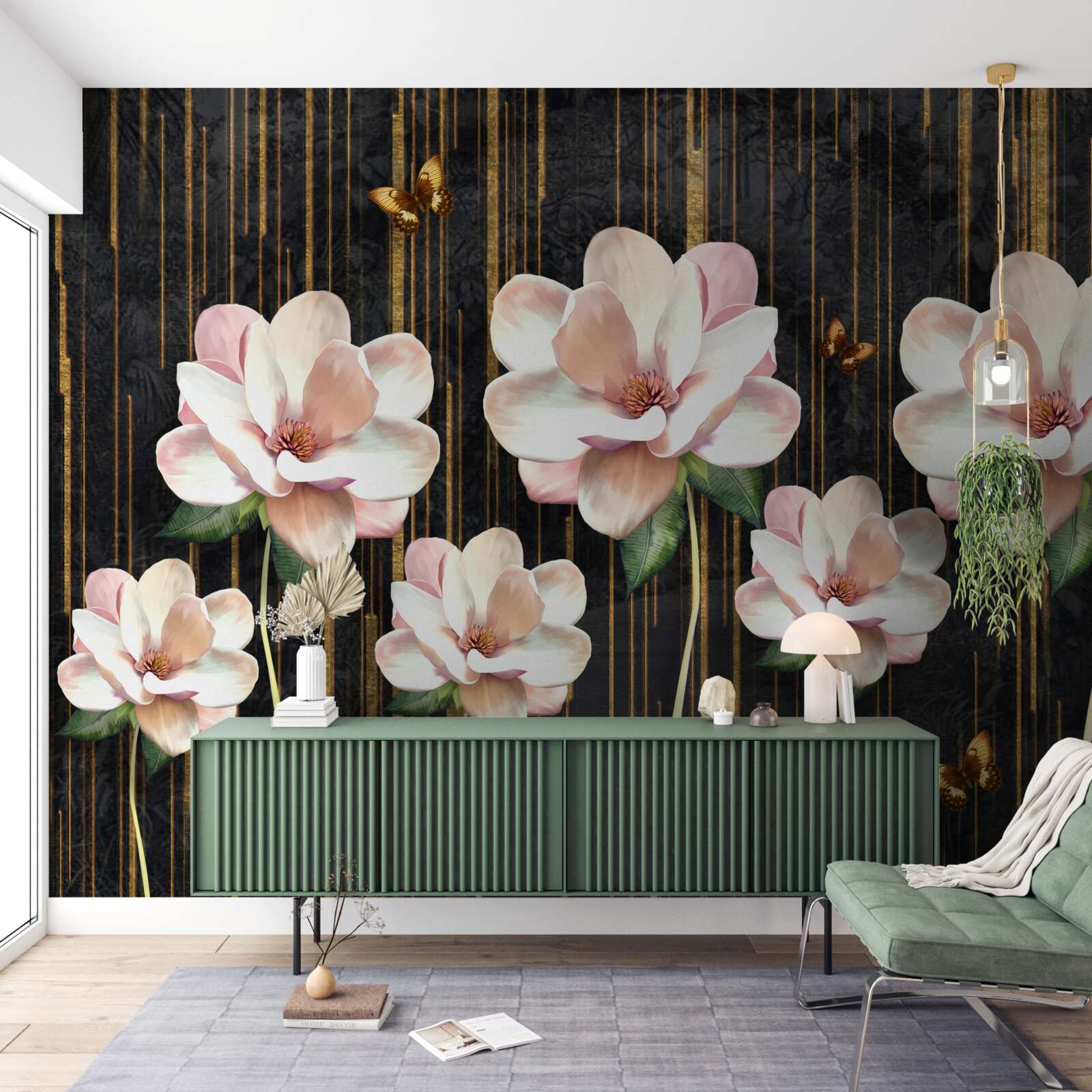 Fotobehang vlinders en bloemen op een zwartgouden achtergrond