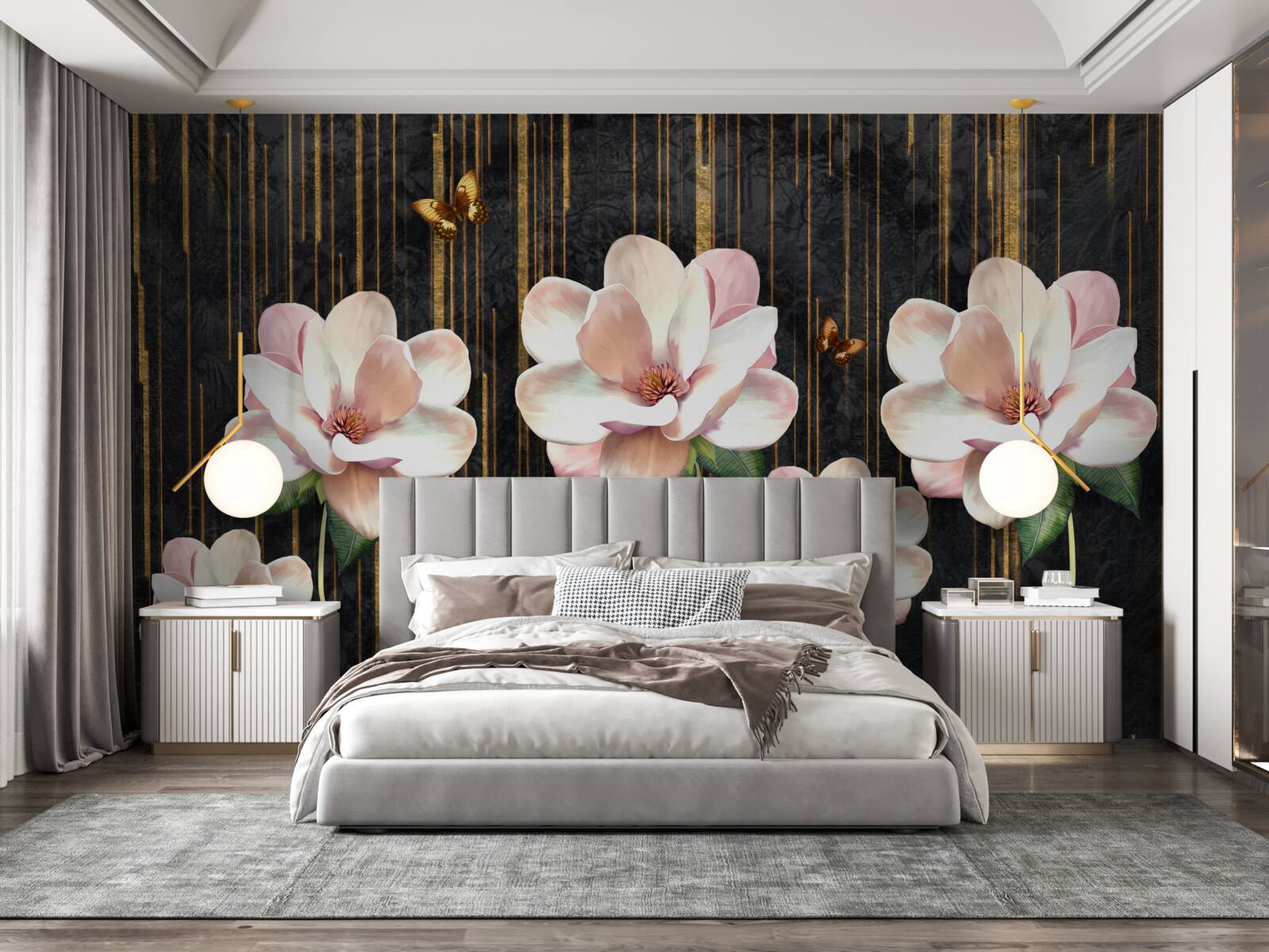 Fotobehang vlinders en bloemen op een zwartgouden achtergrond