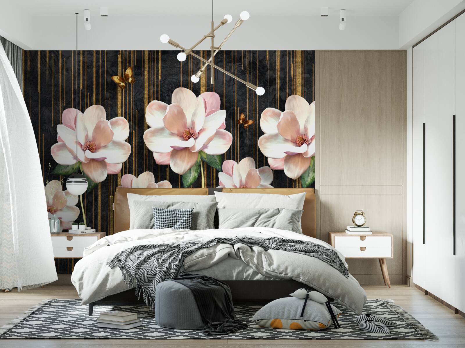 Fotobehang vlinders en bloemen op een zwartgouden achtergrond