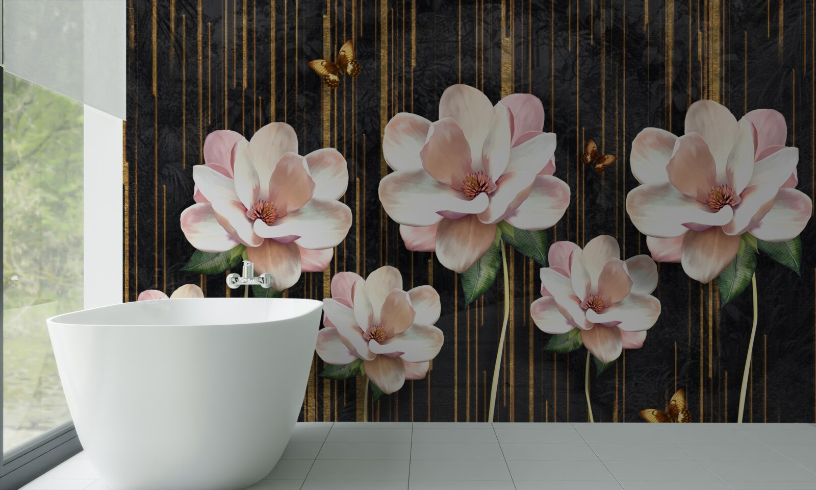 Fotobehang vlinders en bloemen op een zwartgouden achtergrond