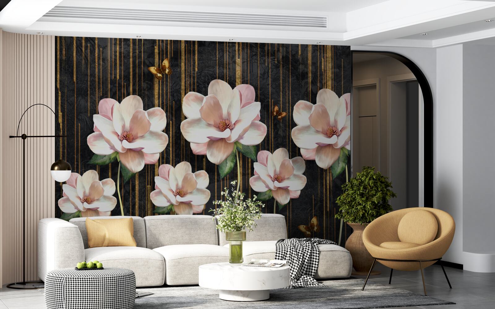 Fotobehang vlinders en bloemen op een zwartgouden achtergrond