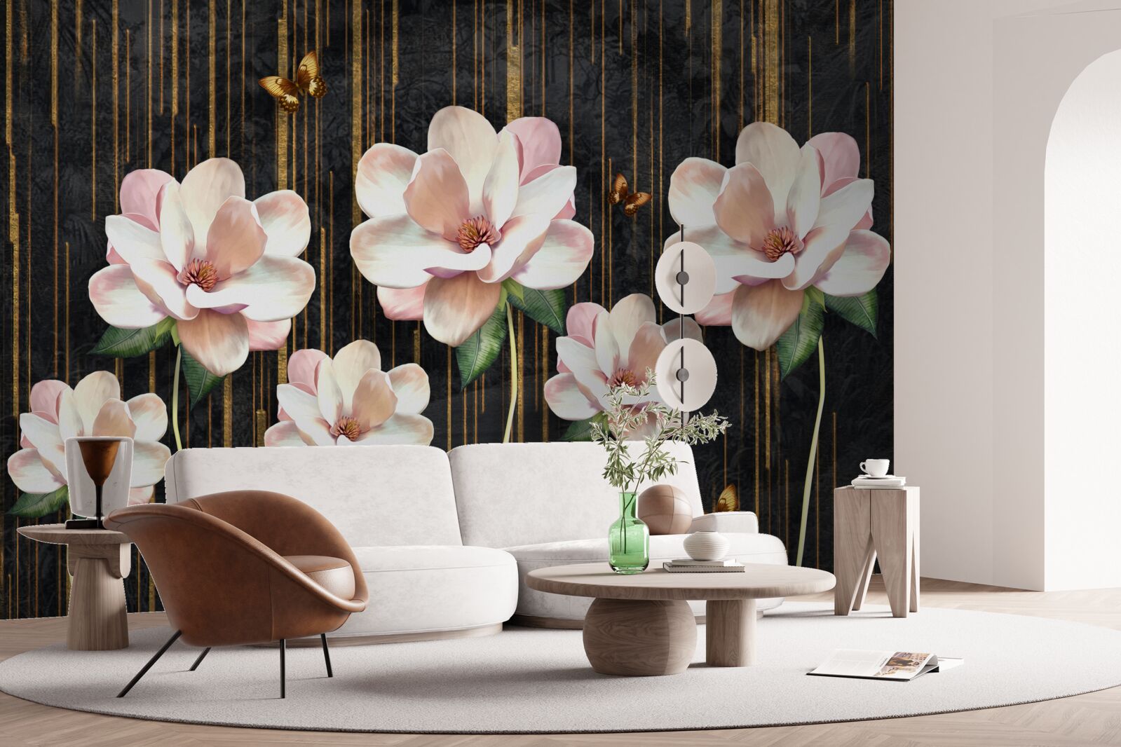 Fotobehang vlinders en bloemen op een zwartgouden achtergrond