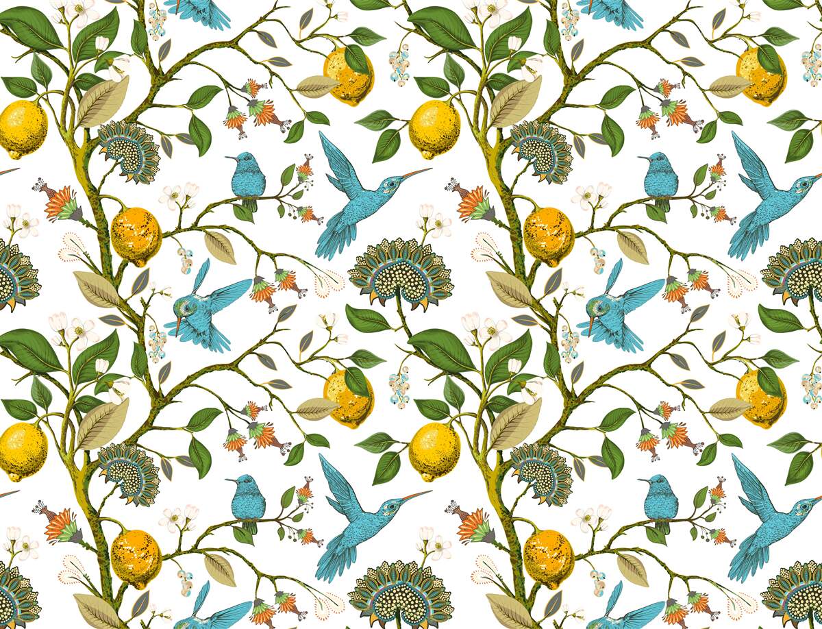 Fotobehang citroenen en blauwe kolibries