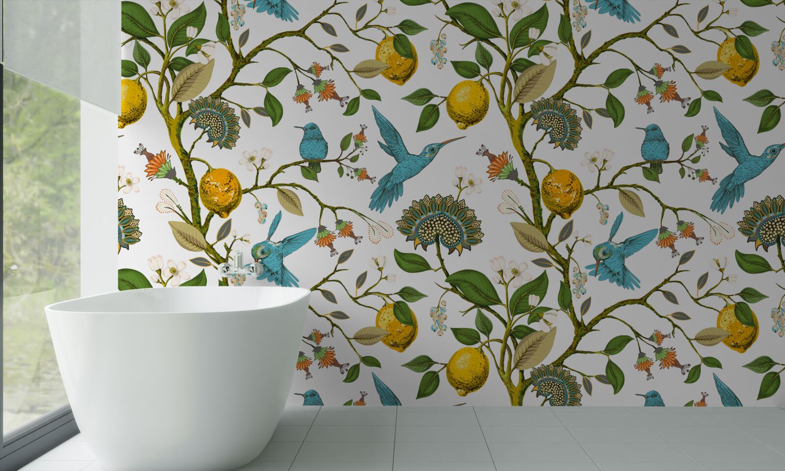 Fotobehang citroenen en blauwe kolibries