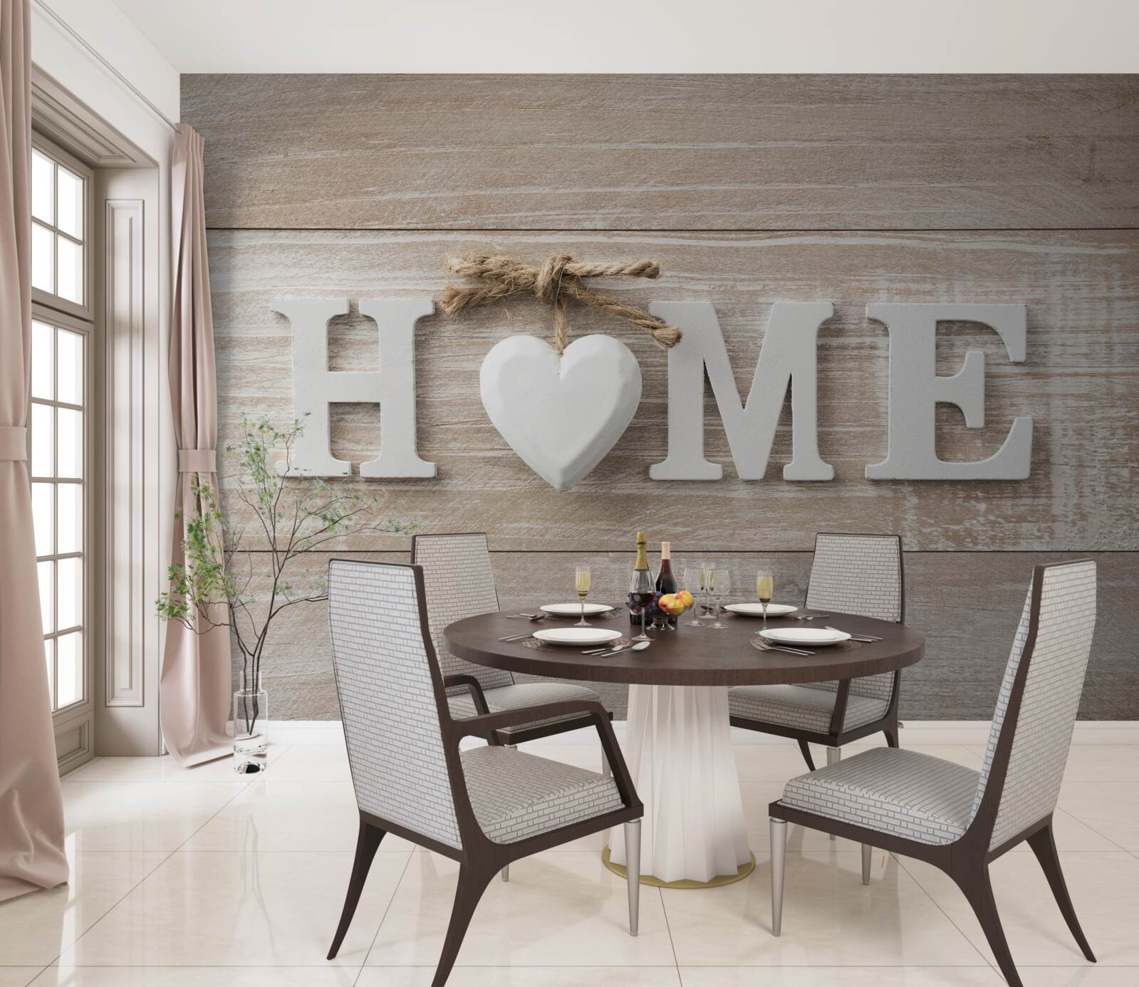 Fotobehang tekst 'home' tegen een achtergrond van bomen