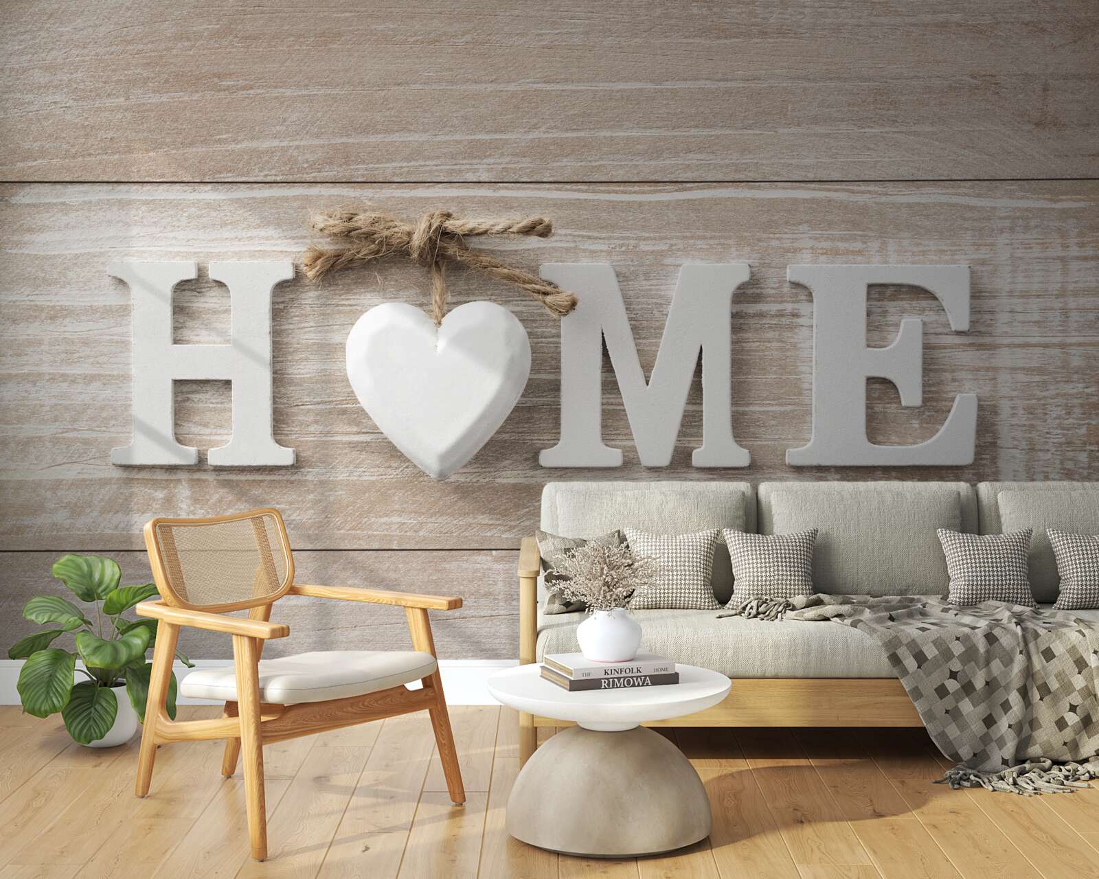 Fotobehang tekst 'home' tegen een achtergrond van bomen