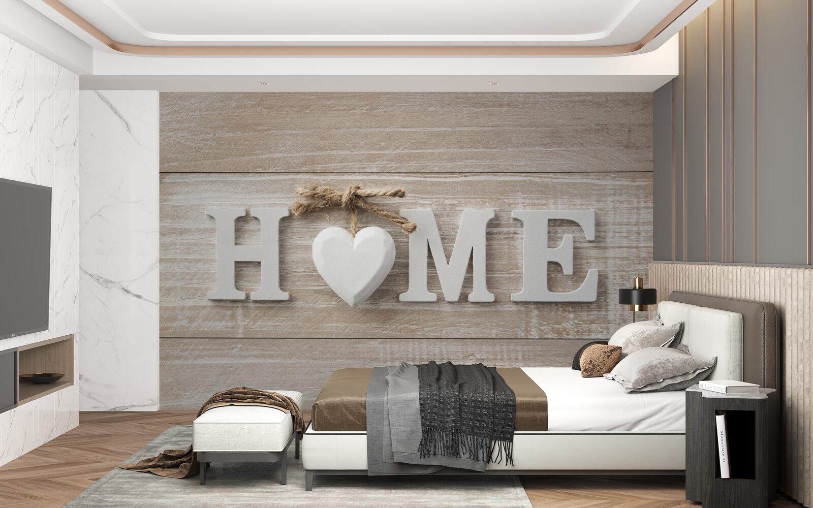 Fotobehang tekst 'home' tegen een achtergrond van bomen