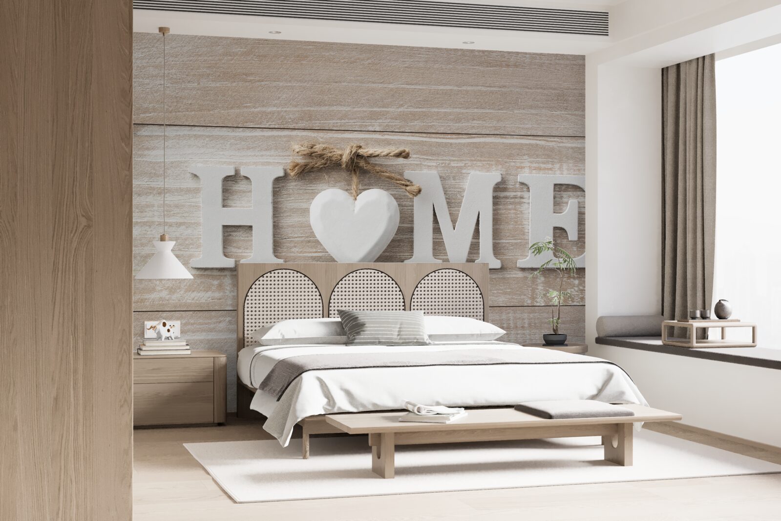 Fotobehang tekst 'home' tegen een achtergrond van bomen