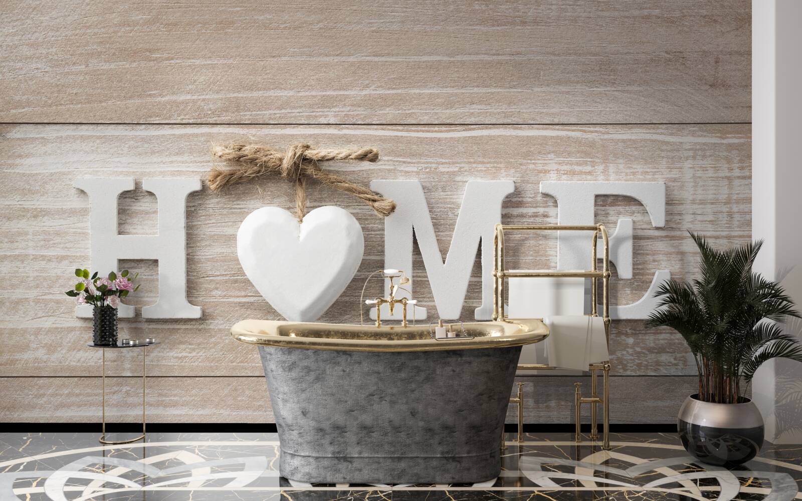 Fotobehang tekst 'home' tegen een achtergrond van bomen