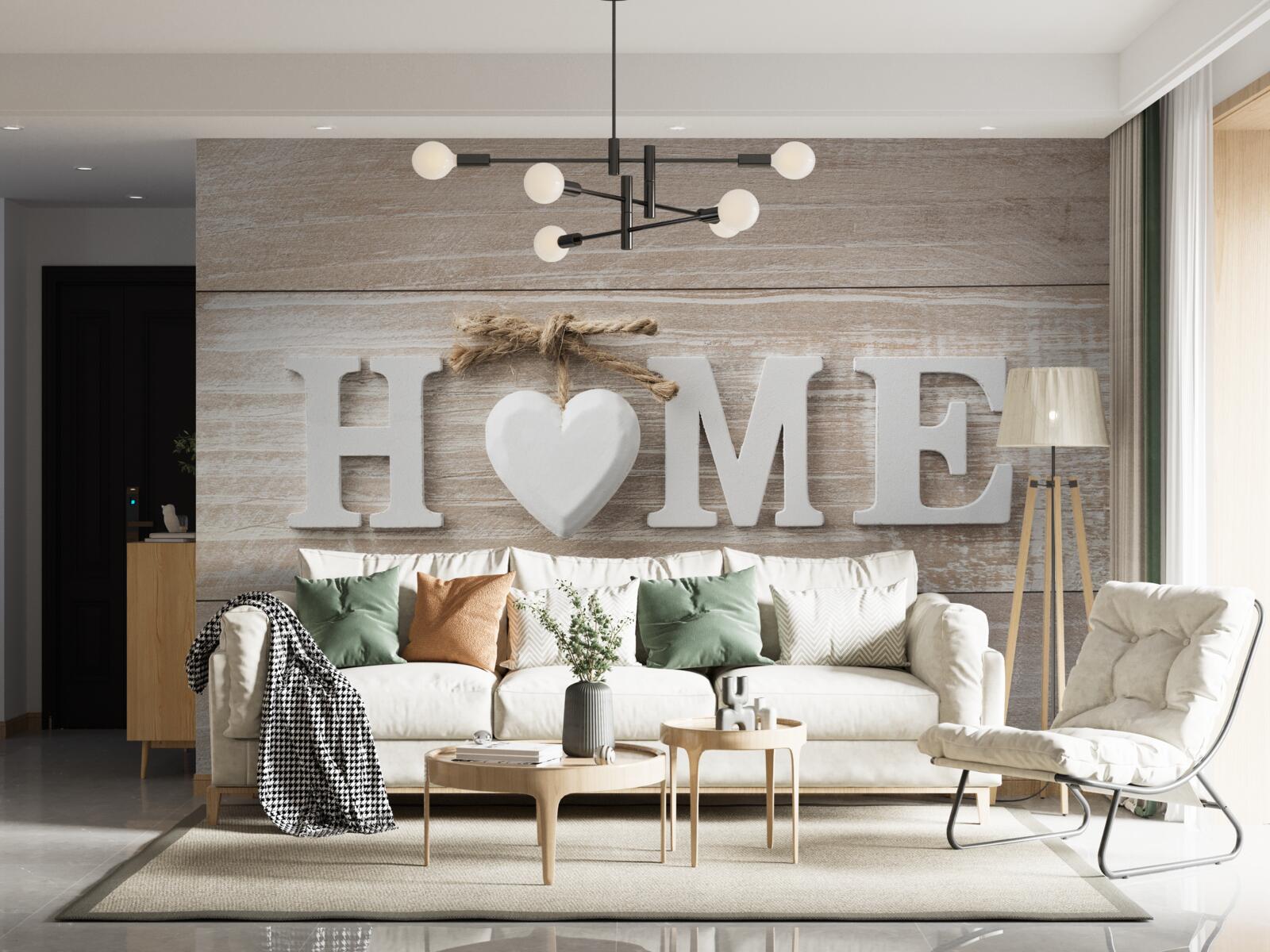 Fotobehang tekst 'home' tegen een achtergrond van bomen