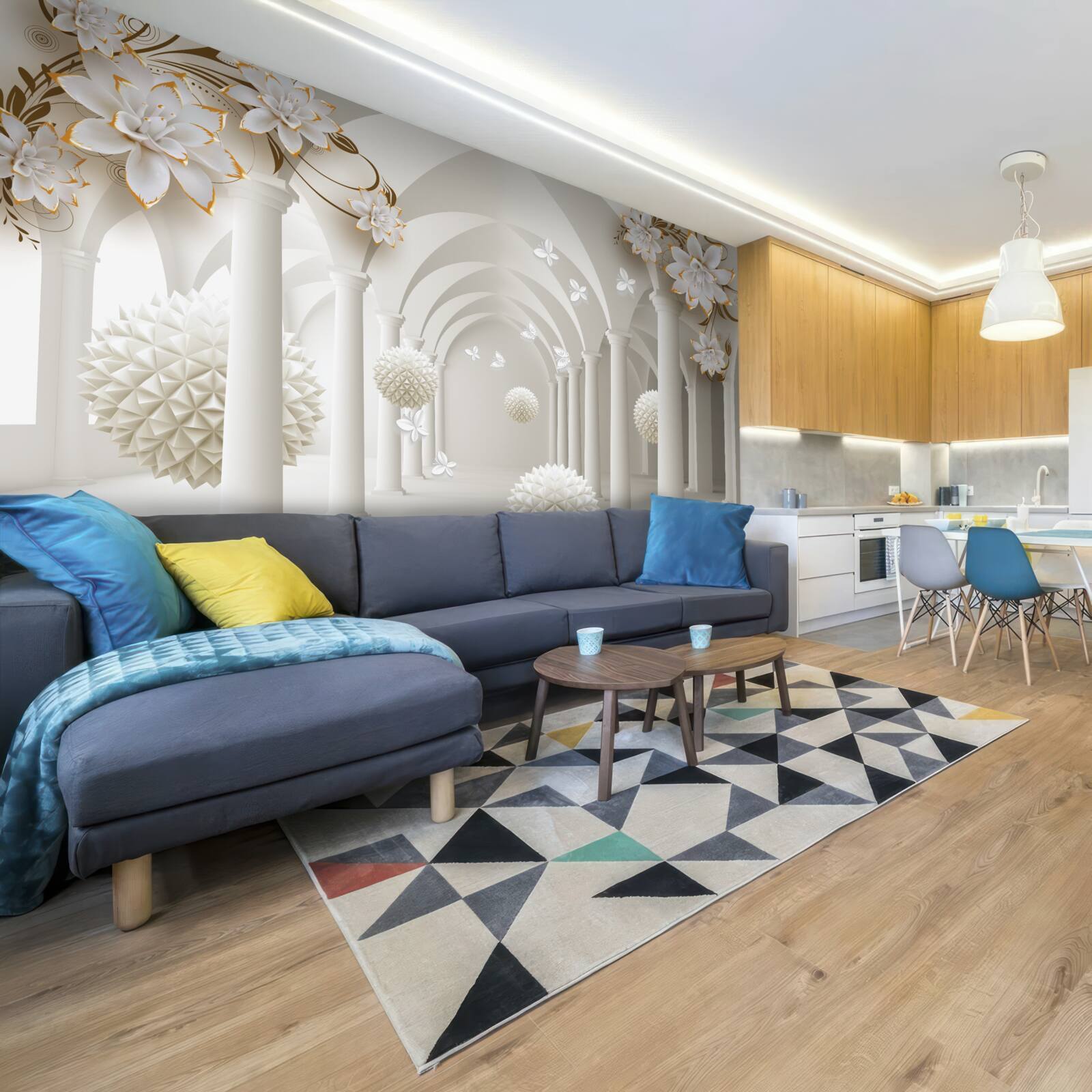 Fotobehang Gang in gotische stijl versierd met zwevende ballen en bloemen