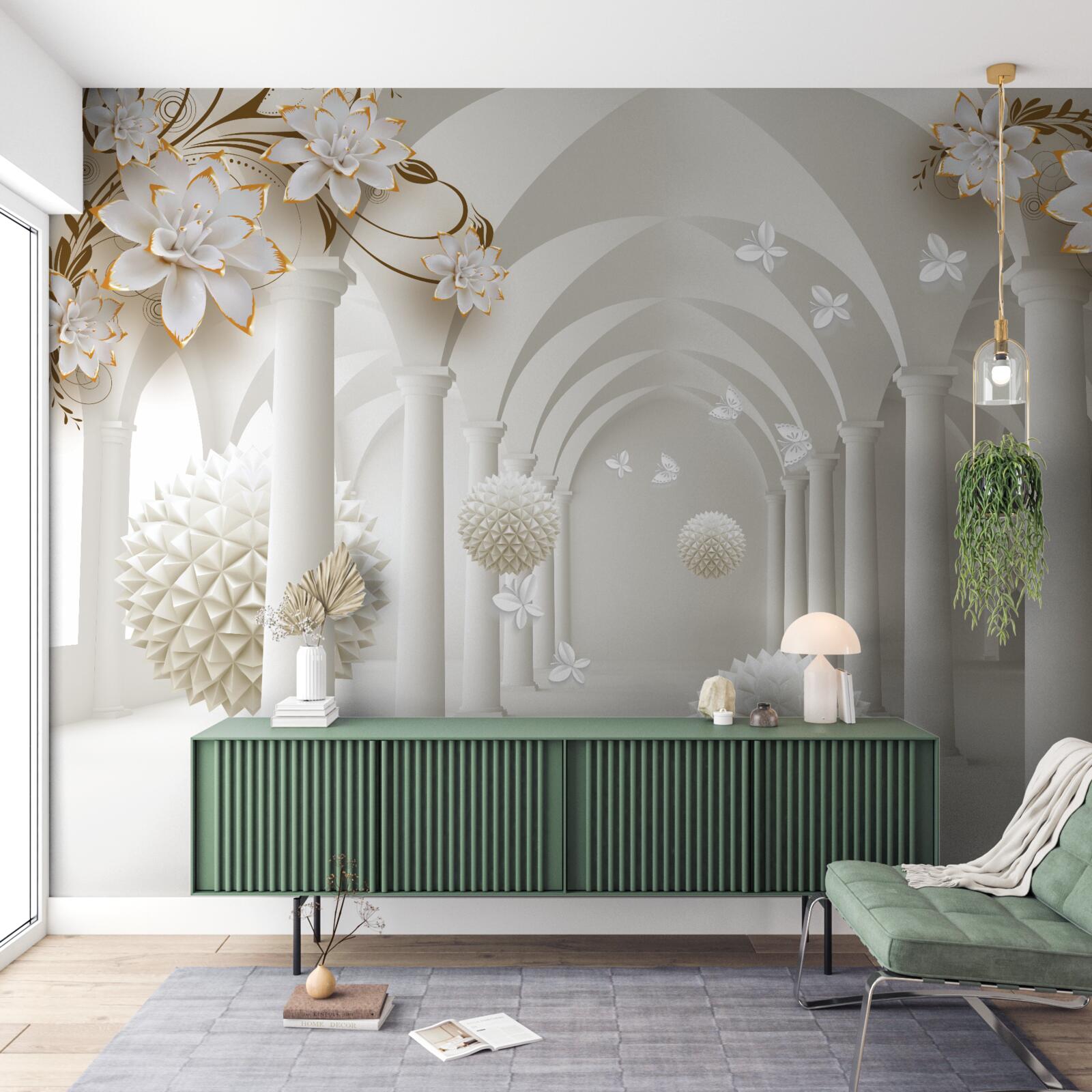 Fotobehang Gang in gotische stijl versierd met zwevende ballen en bloemen