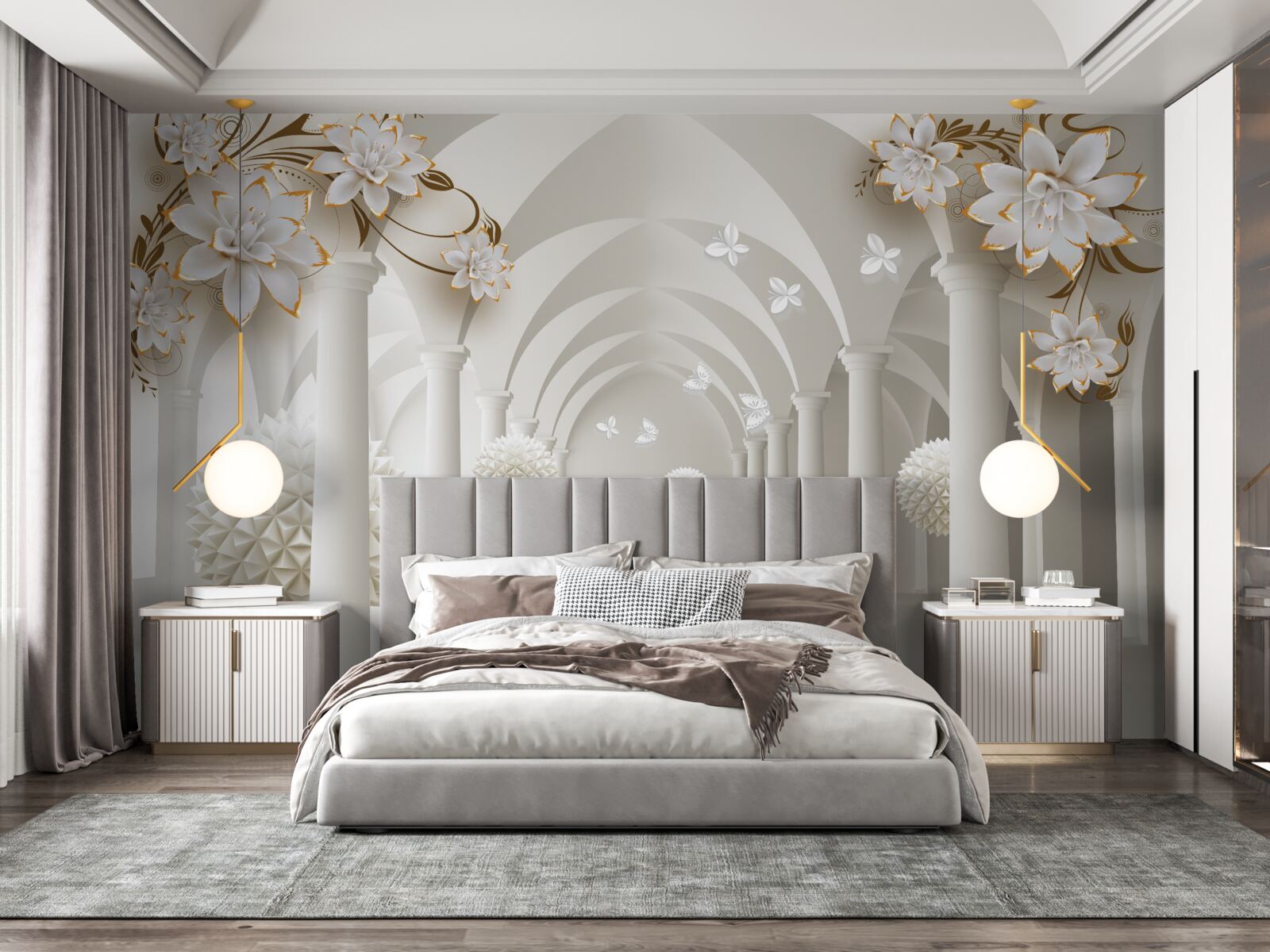 Fotobehang Gang in gotische stijl versierd met zwevende ballen en bloemen