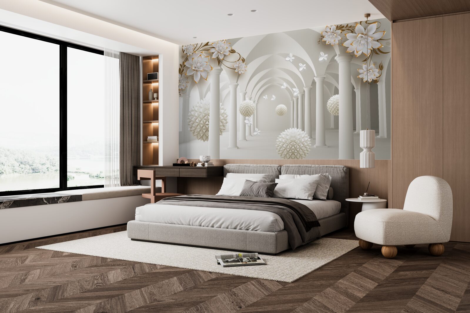 Fotobehang Gang in gotische stijl versierd met zwevende ballen en bloemen