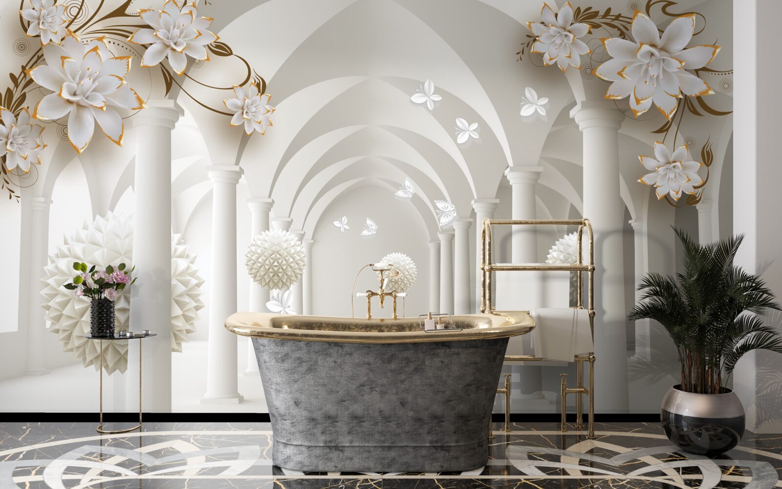 Fotobehang Gang in gotische stijl versierd met zwevende ballen en bloemen