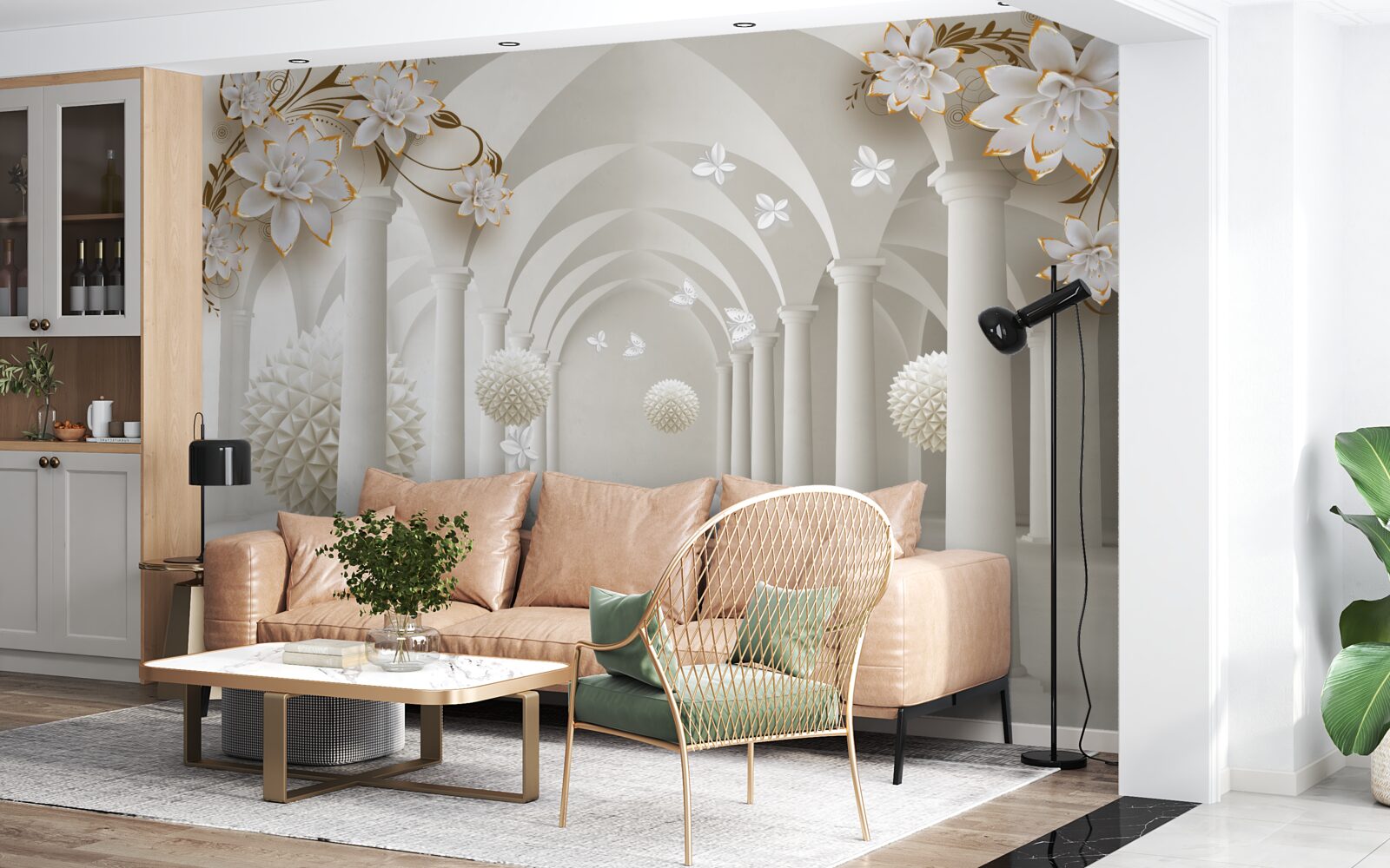 Fotobehang Gang in gotische stijl versierd met zwevende ballen en bloemen