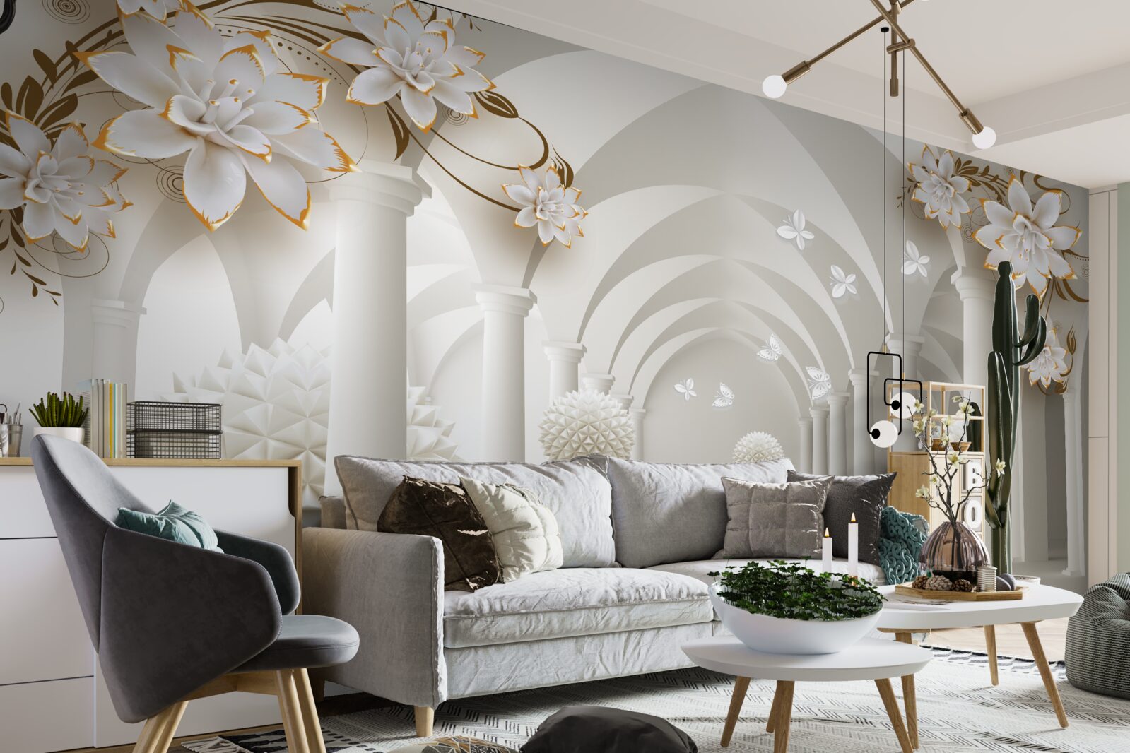 Fotobehang Gang in gotische stijl versierd met zwevende ballen en bloemen