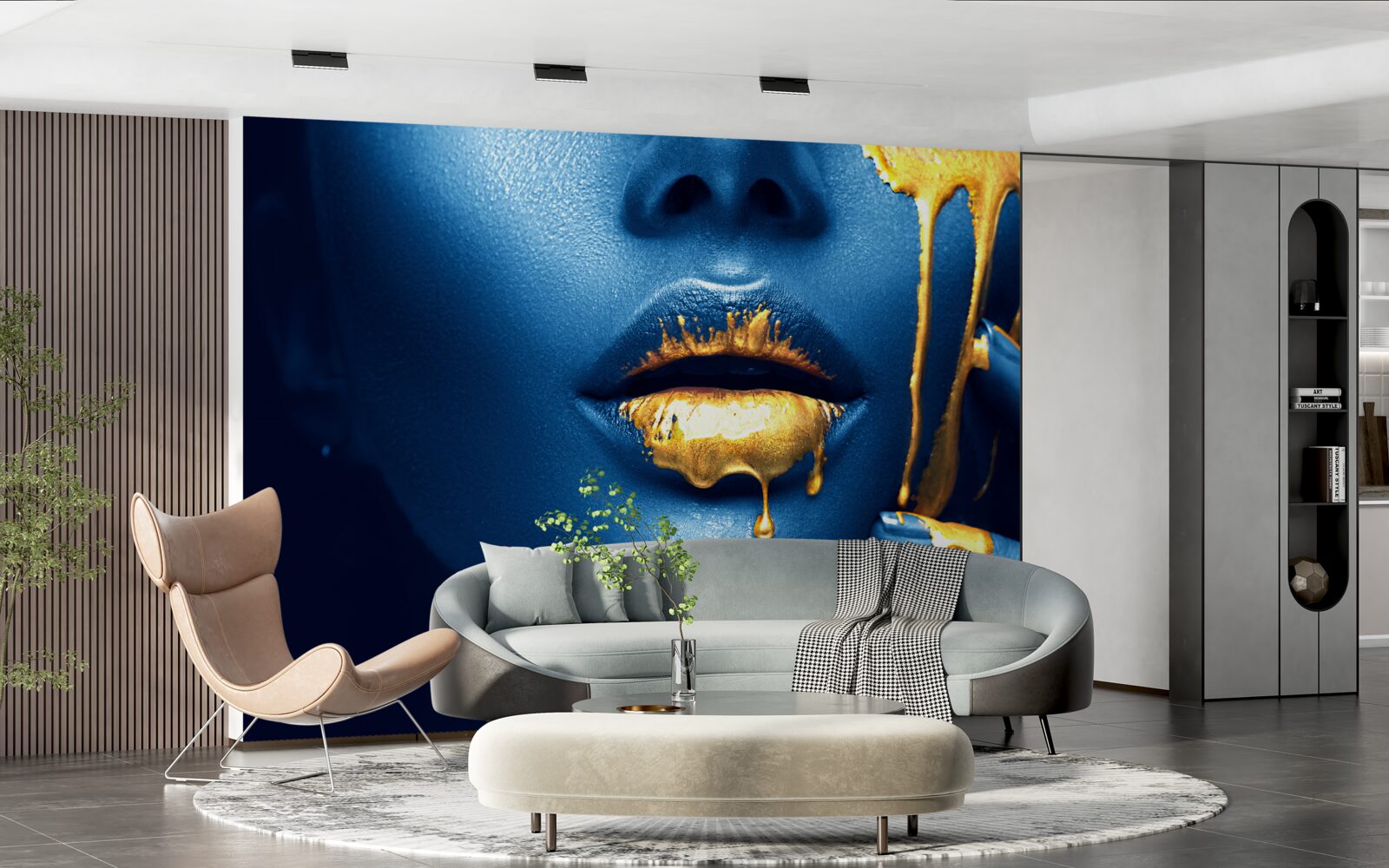 Fotobehang vrouw met glanzende gouden lippenstift op haar lippen