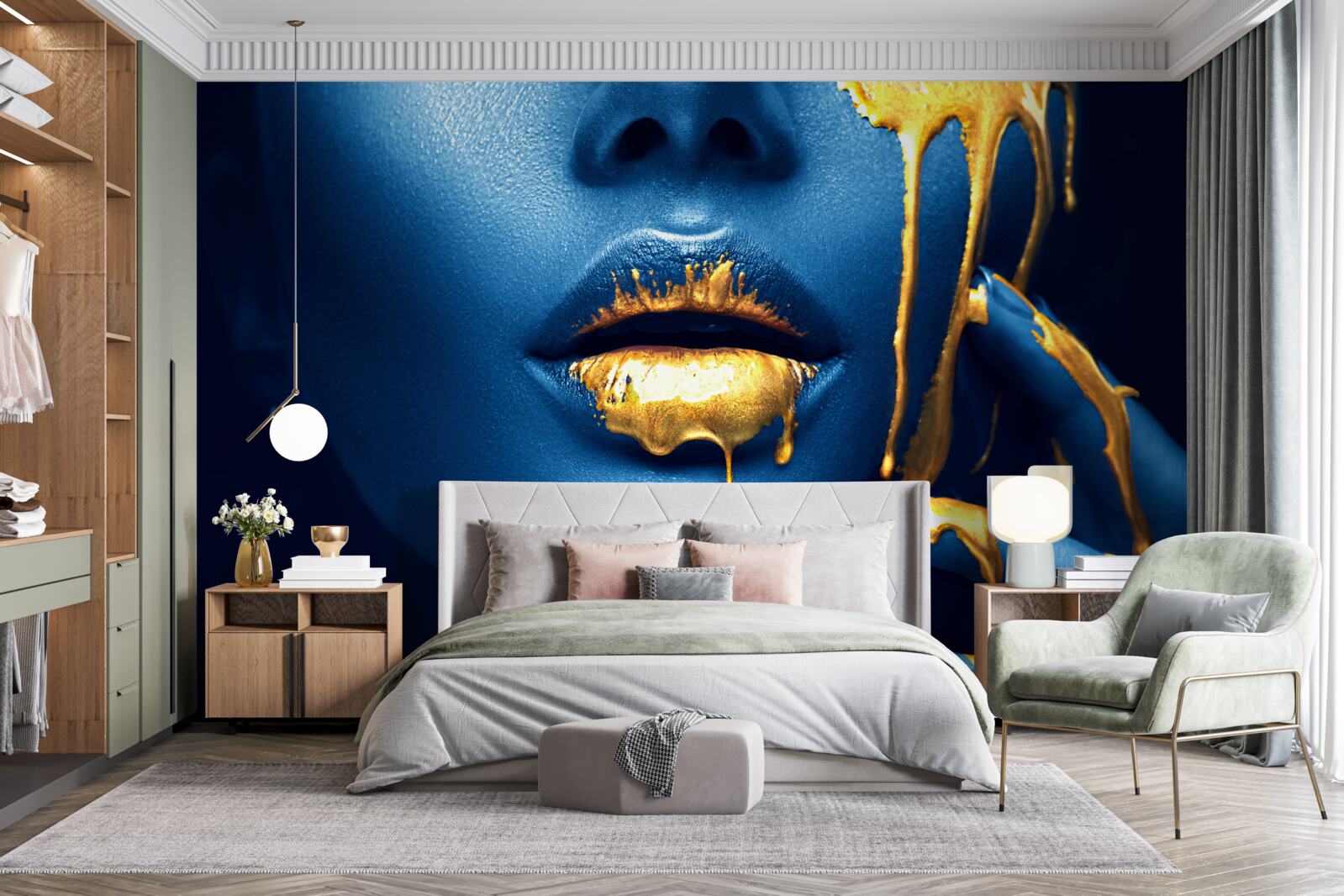 Fotobehang vrouw met glanzende gouden lippenstift op haar lippen