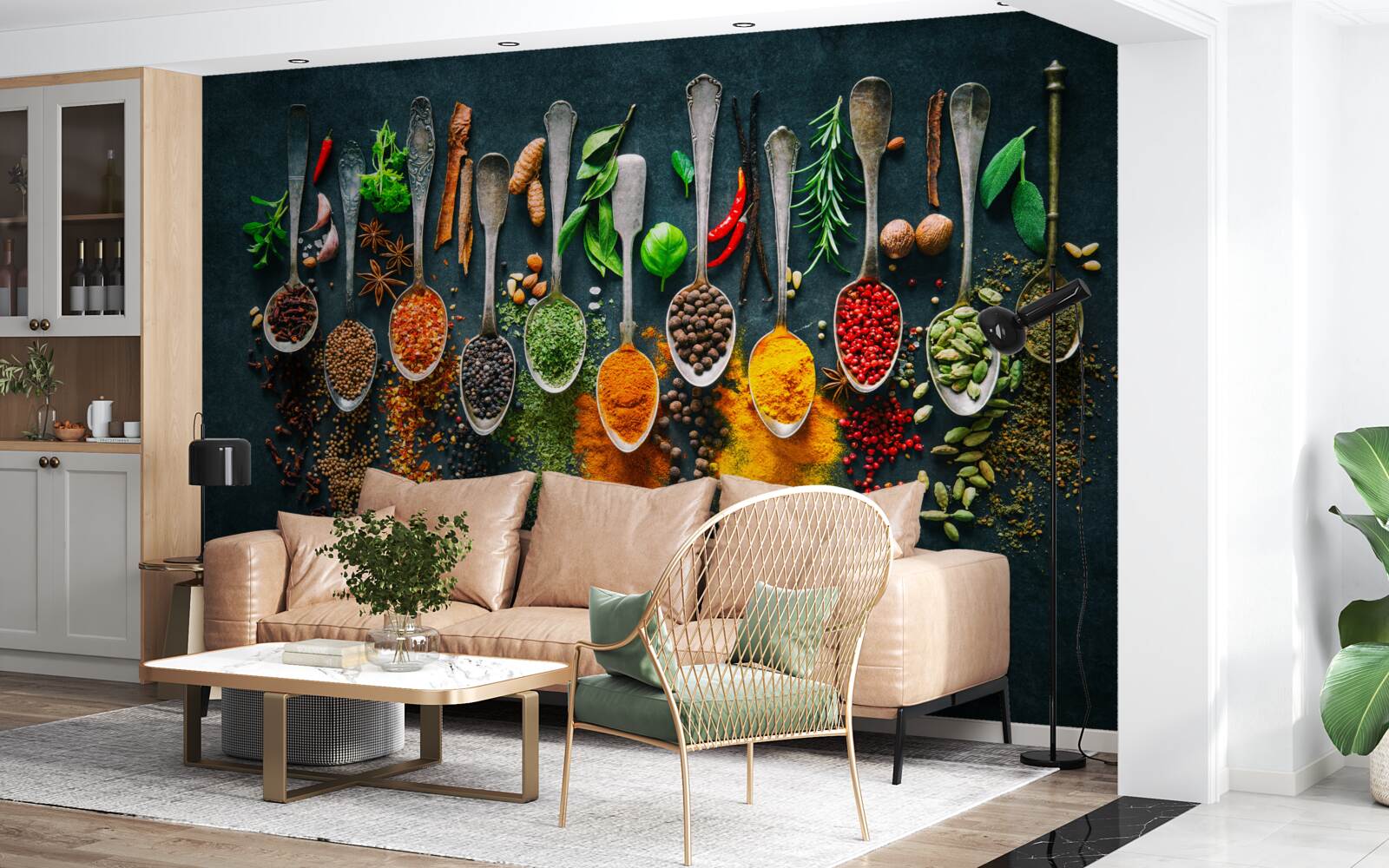 Fotobehang diverse kruiden gerangschikt in lepels