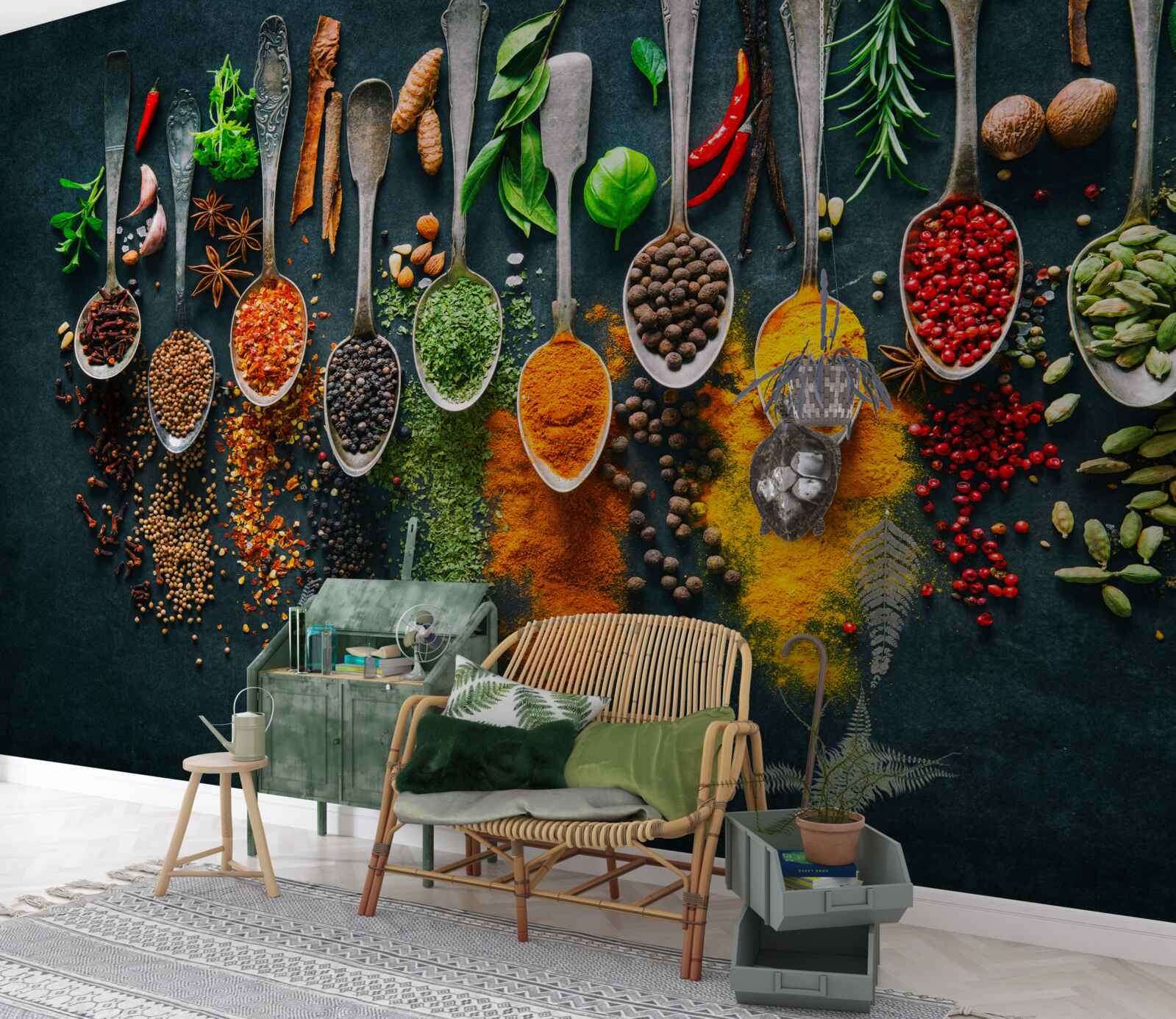 Fotobehang diverse kruiden gerangschikt in lepels