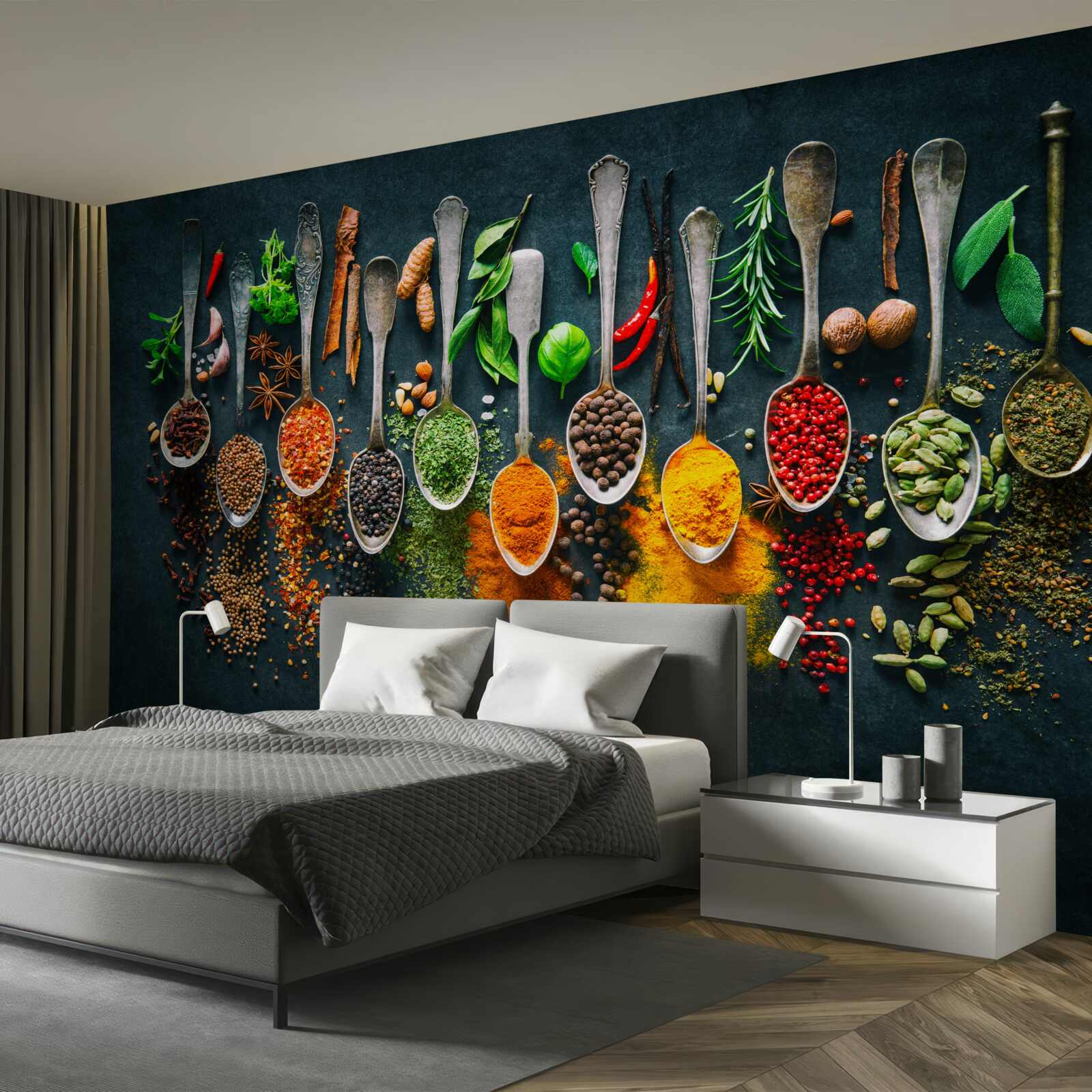 Fotobehang diverse kruiden gerangschikt in lepels