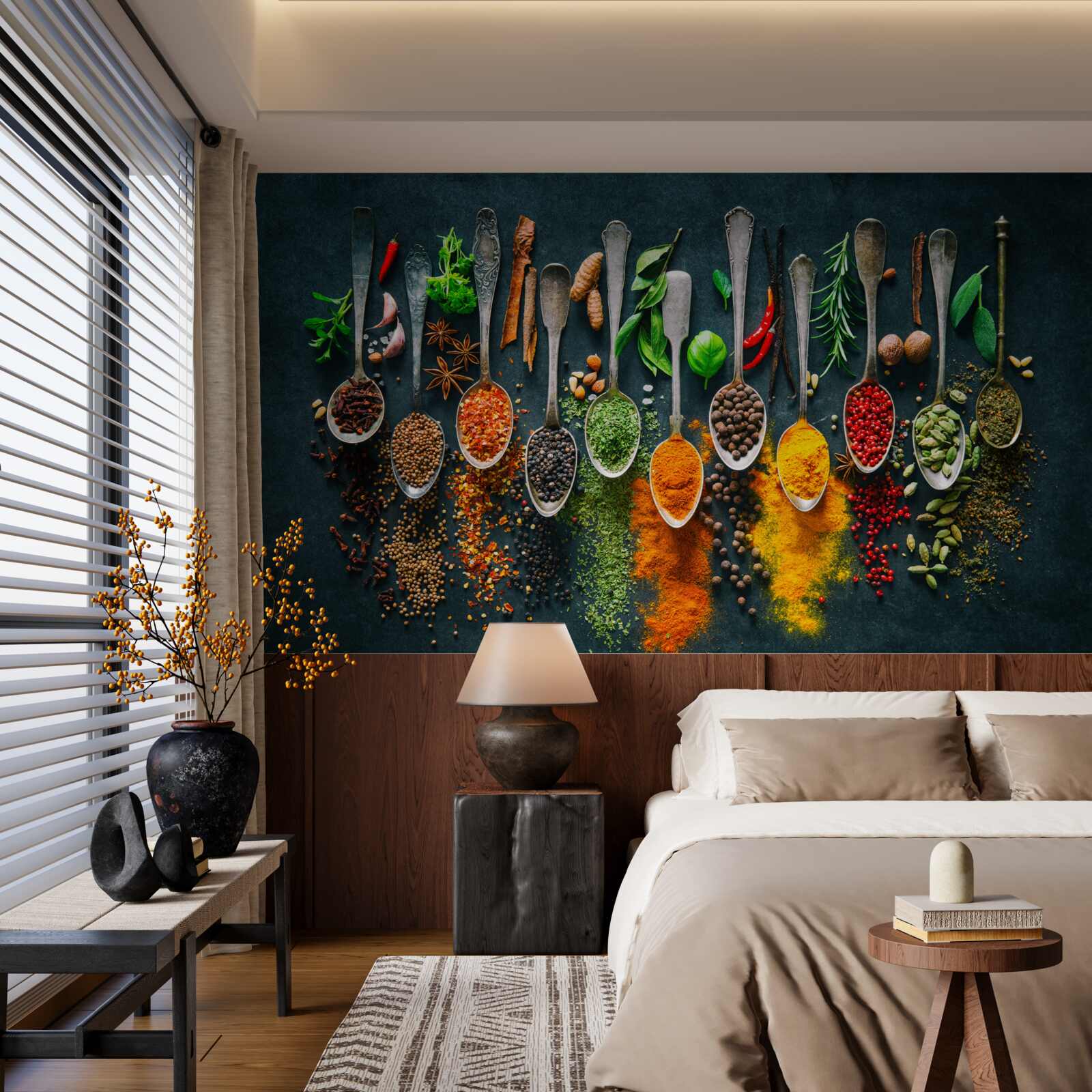 Fotobehang diverse kruiden gerangschikt in lepels