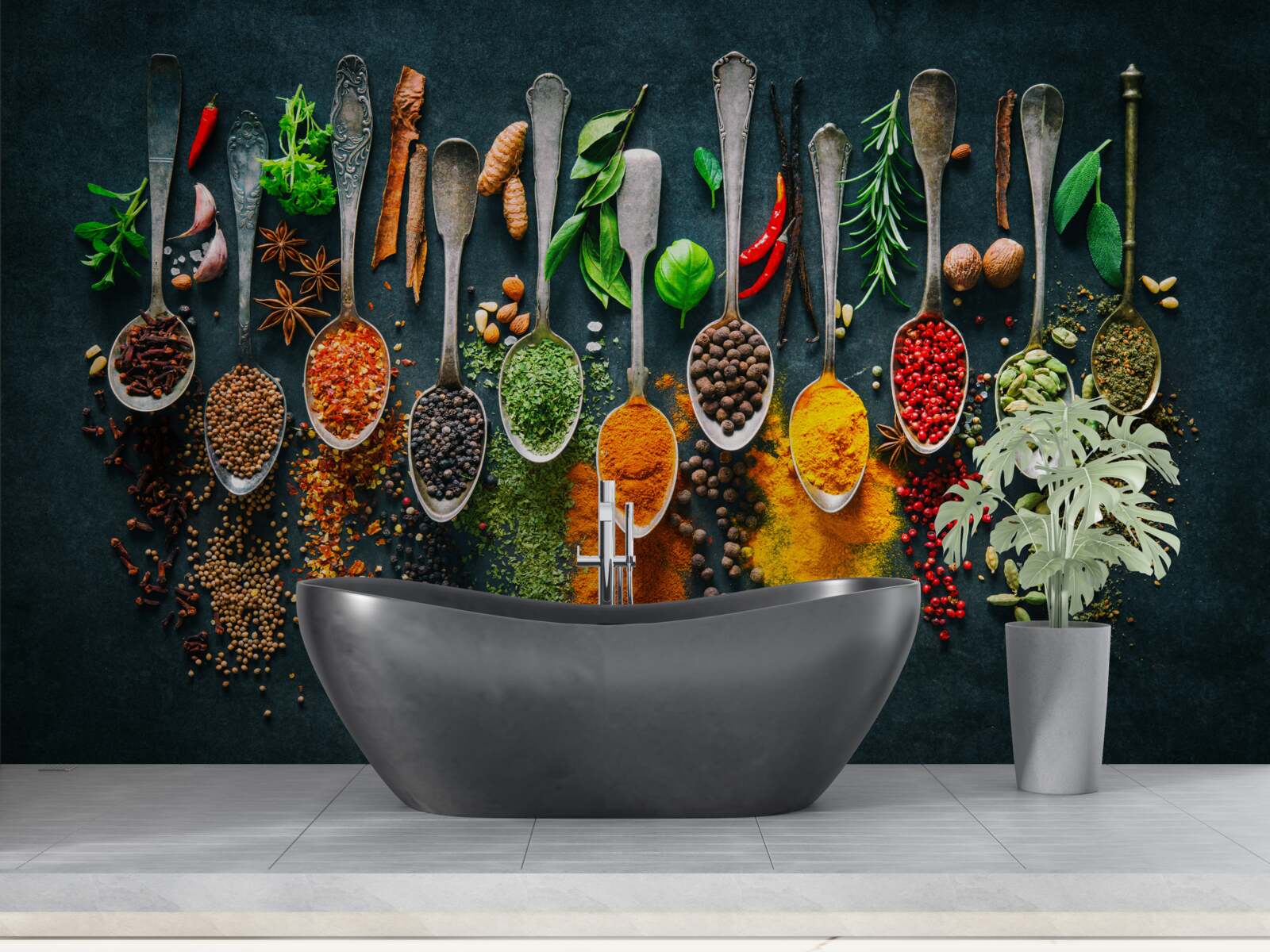 Fotobehang diverse kruiden gerangschikt in lepels