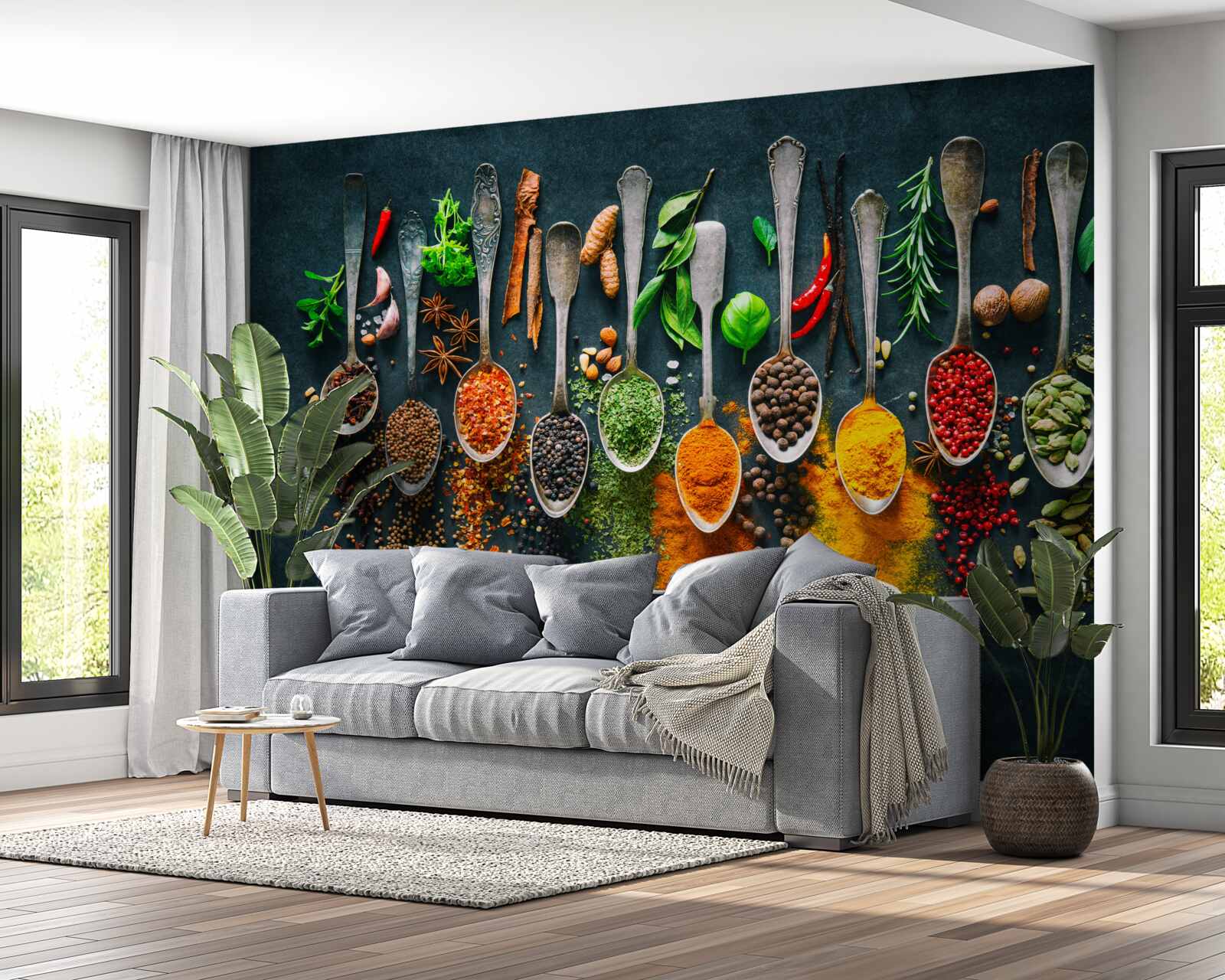 Fotobehang diverse kruiden gerangschikt in lepels