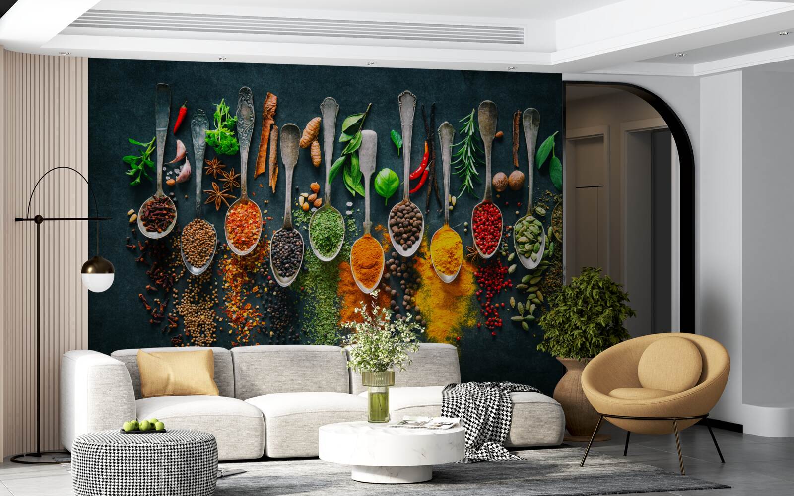 Fotobehang diverse kruiden gerangschikt in lepels