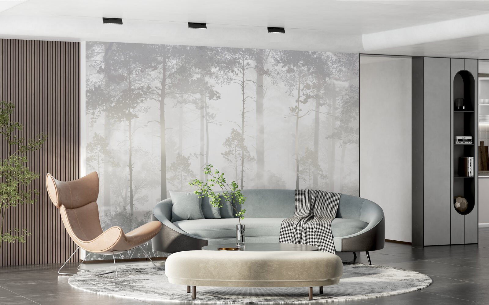 Fotobehang Het mistige bos is bezaaid met hoge dennenbomen, als in een sprookje