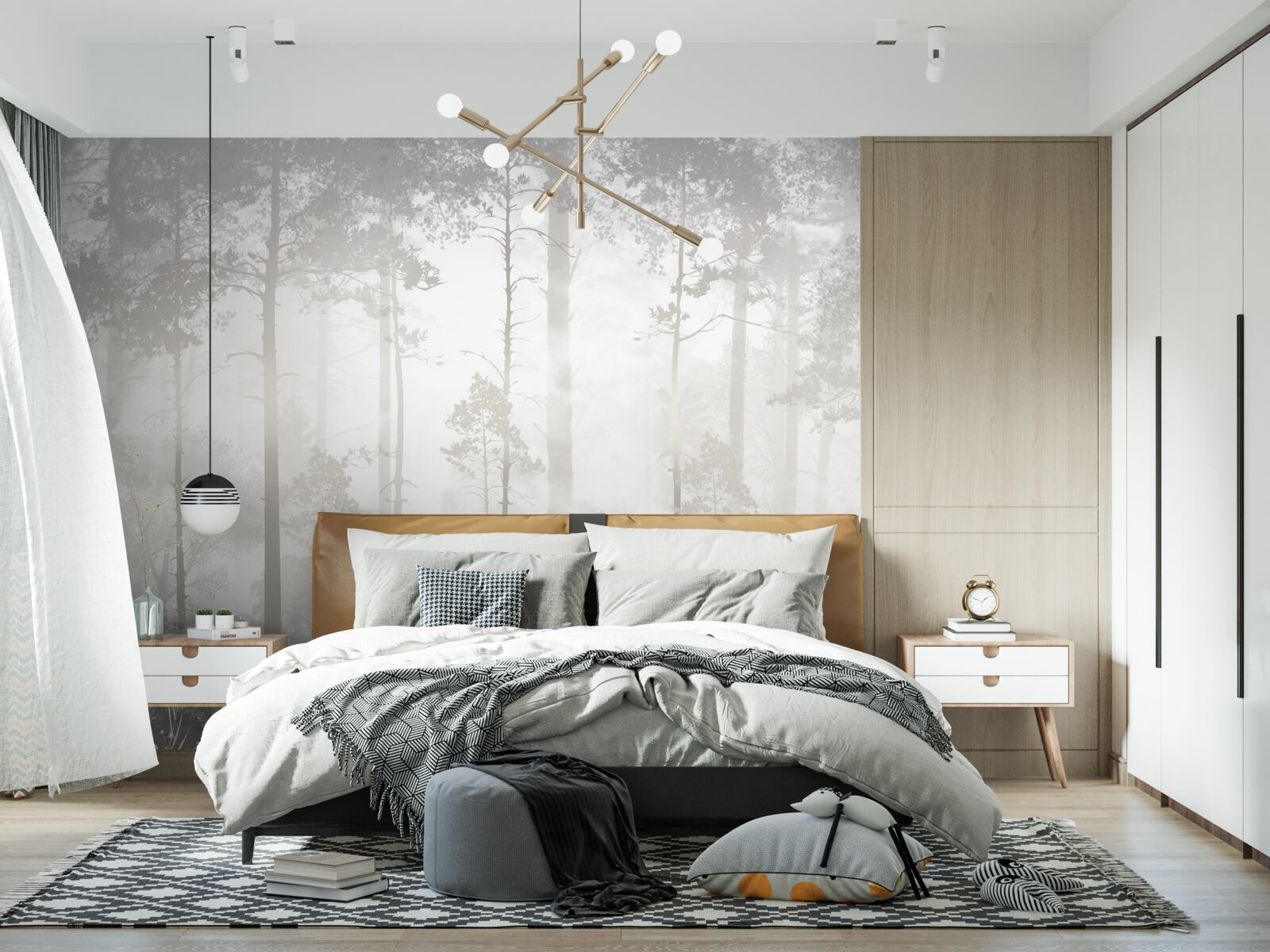 Fotobehang Het mistige bos is bezaaid met hoge dennenbomen, als in een sprookje