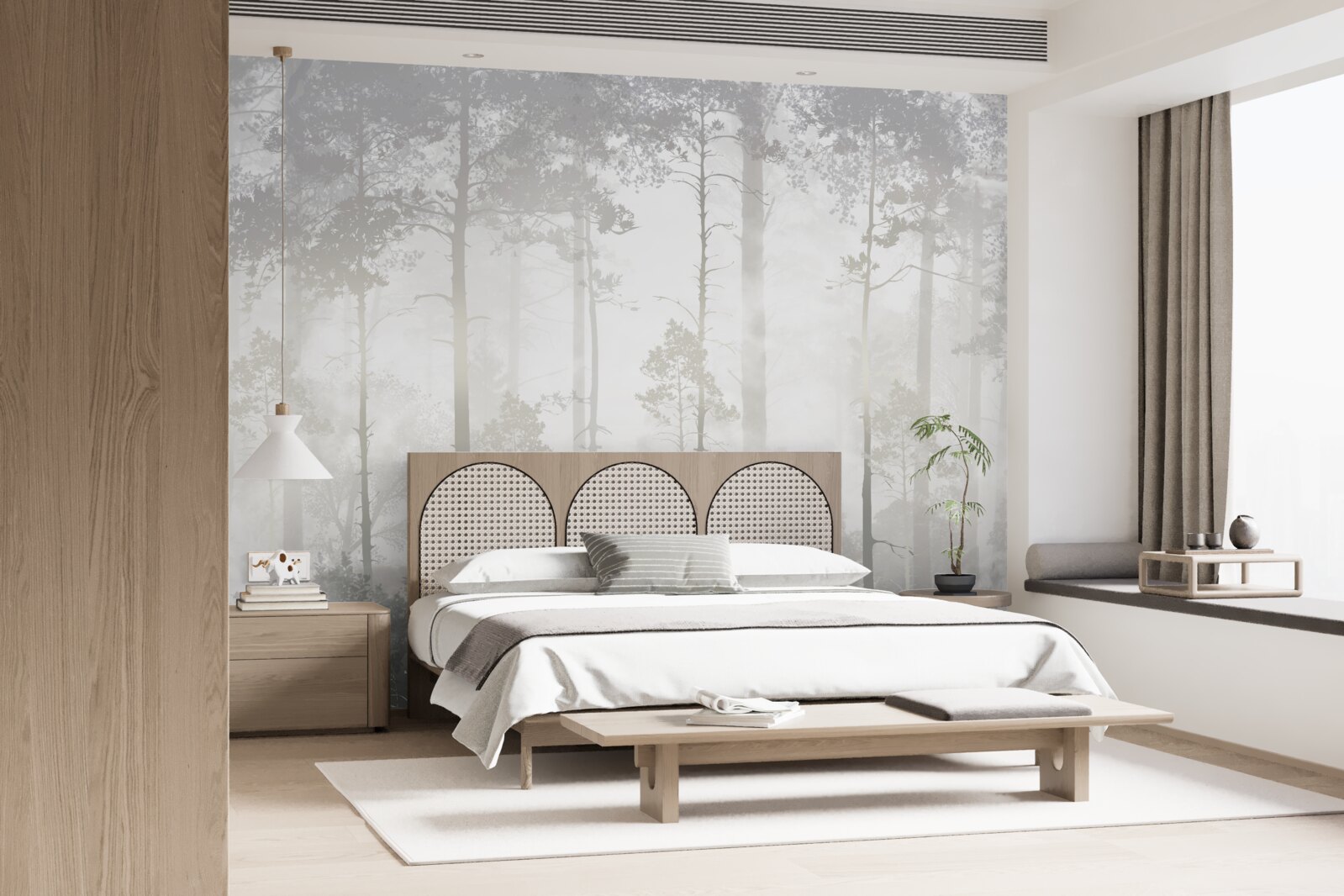 Fotobehang Het mistige bos is bezaaid met hoge dennenbomen, als in een sprookje